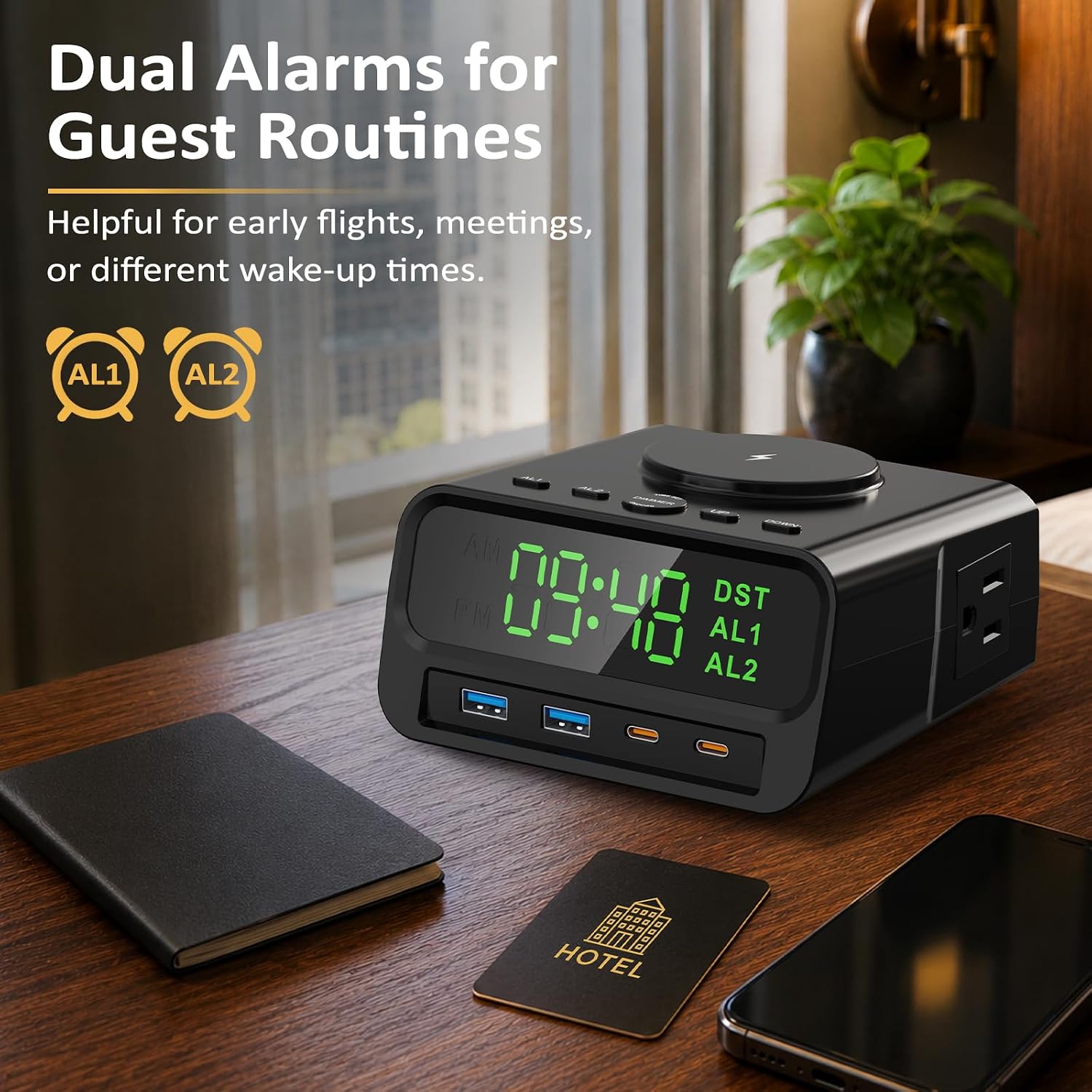 XBA Hotel Alarm Clock with 15W Magnetic Wireless Charger, 2 AC & 4 USB