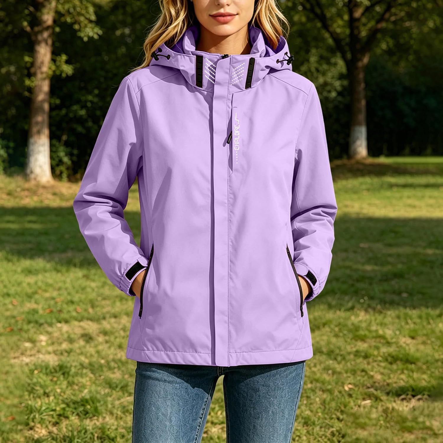 Waterproof Jacket for Women Hooded Windbreaker Rain Coat with Pockets | Women's Lightweight Softshell Raincoat with Taped Seam Zipper, Fleece Lined Hood, Zip Pockets for Hiking Travel