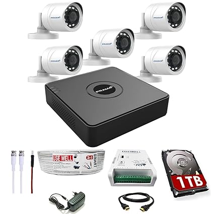 Prama 2MP Full HD CCTV kit with 8 Channel DVR + 5 Outdoor Cameras + 1 TB HDD + USEWELL Wire/SMPS, and Required Accessories, Motion Detection, Black