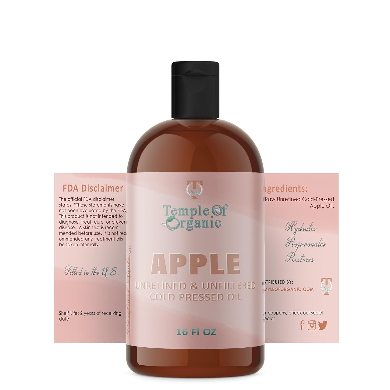 Apple Seed Oil - Pure, Unrefined, Unfiltered, Raw, Extra Virgin Carrier Oil for Skin, Face, Body, Hair - 16 oz - Cleansing, Hydrating, Nourishing Natural Body Moisturizing Oil