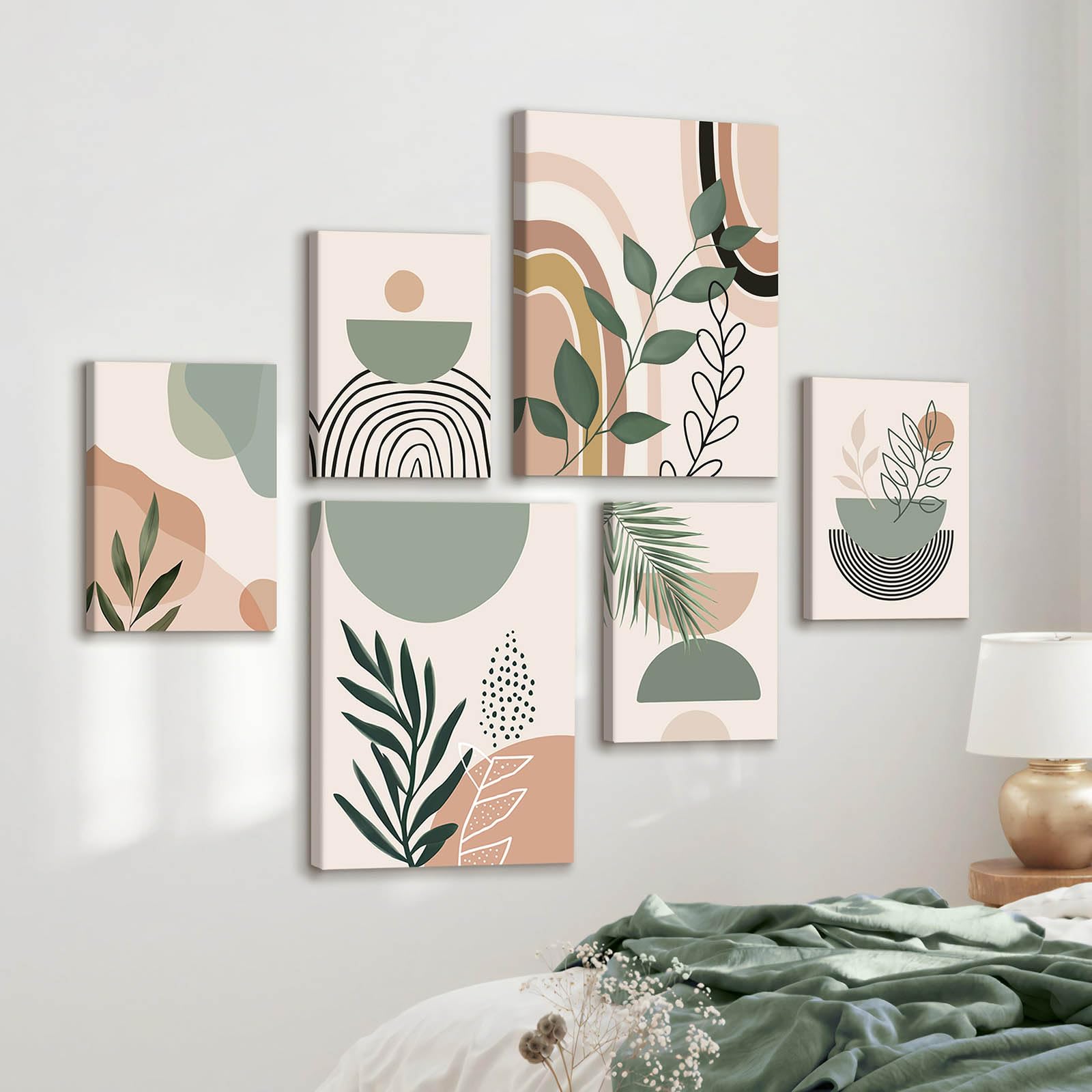 WENGTIAO 6 Pièces Boho Abstraite Géométrique Tableau Decoration Murale Encadré Toile Peinture Vert Sauge Beige Minimaliste Botanique Decoration Murale Salon Maison Deco Chambre