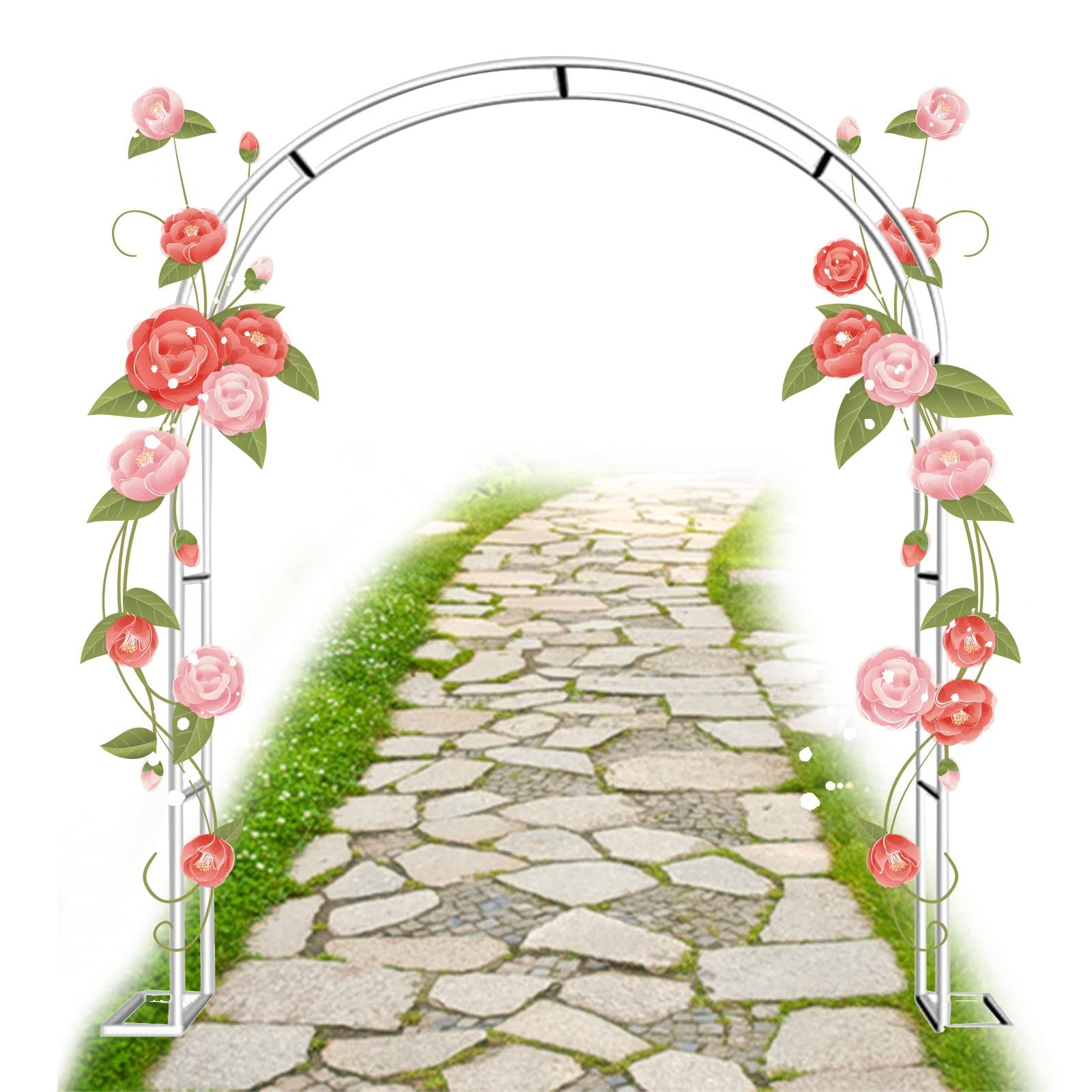 Arco metálico para jardín, arco para plantas trepadoras con soporte para rosales tuberosos resistente a la intemperie, ideal para pérgolas y cenadores exteriores. Incluye tubo de 19 mm. Color blanco.