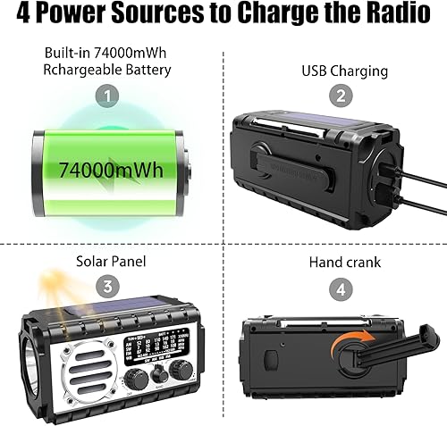 Miniatura 7 de Radio de emergencia, radio meteorológica de 20000 mAh74000 mWh, radio solar de manivela con clima AMFMNOAASW, linterna y lámpara de lectura, alarma