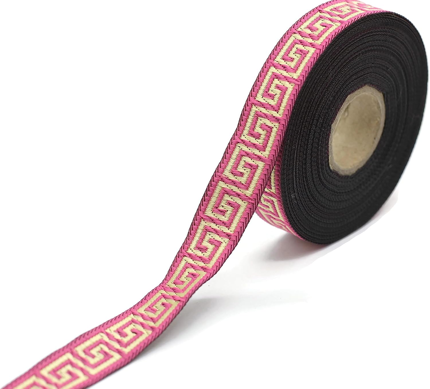 11 Yard Spool 0.62" Wide Pink & Gold Greek Key Jacquard Trim Embroidered Ribbon Woven Border Banding Trims 16062