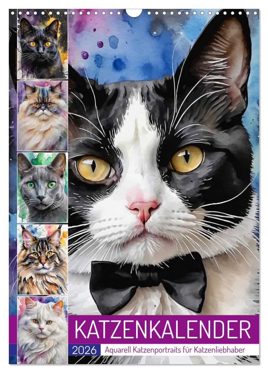 KATZENKALENDER - Watercolor cat portraits for cat lovers UK-Version (Wall Calendar 2026 DIN A3 Portrait), CALVENDO 12 Month Wall Calendar