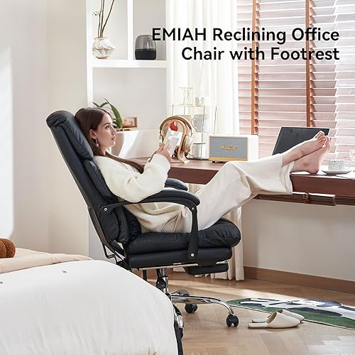 Miniatura 4 de EMIAH Silla de oficina con reposapiés, silla de oficina ejecutiva ergonómica con brazos, respaldo alto reclinable, de piel sintética, cómodas sillas