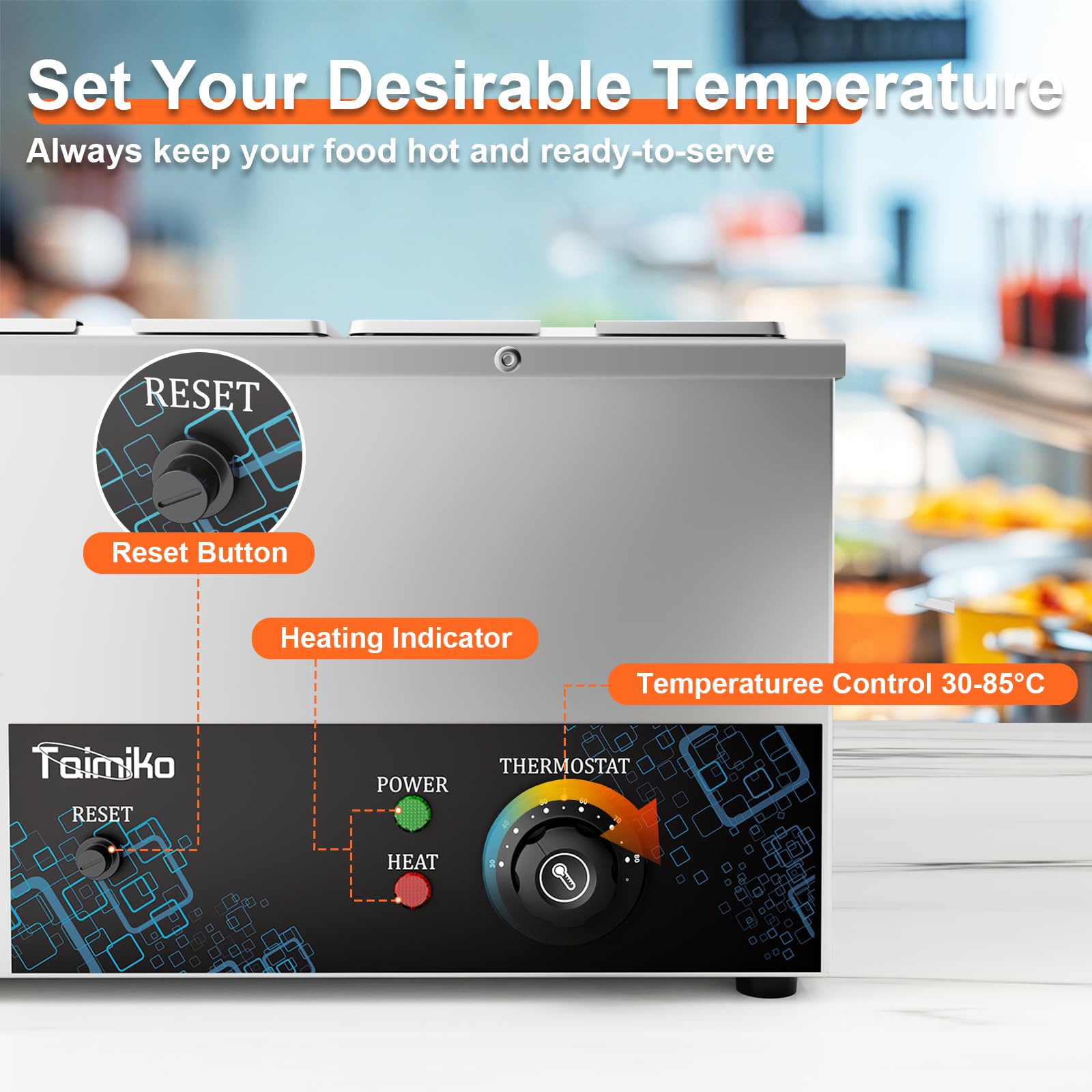 TAIMIKO 1500W Scaldavivande Commerciale a 4 Vaschette, Temperatura Regolabile da 0 a 85 °C, con pulsante anti-bruciatura a secco e reset, scalda buffet in acciaio inox con rubinetto di scarico