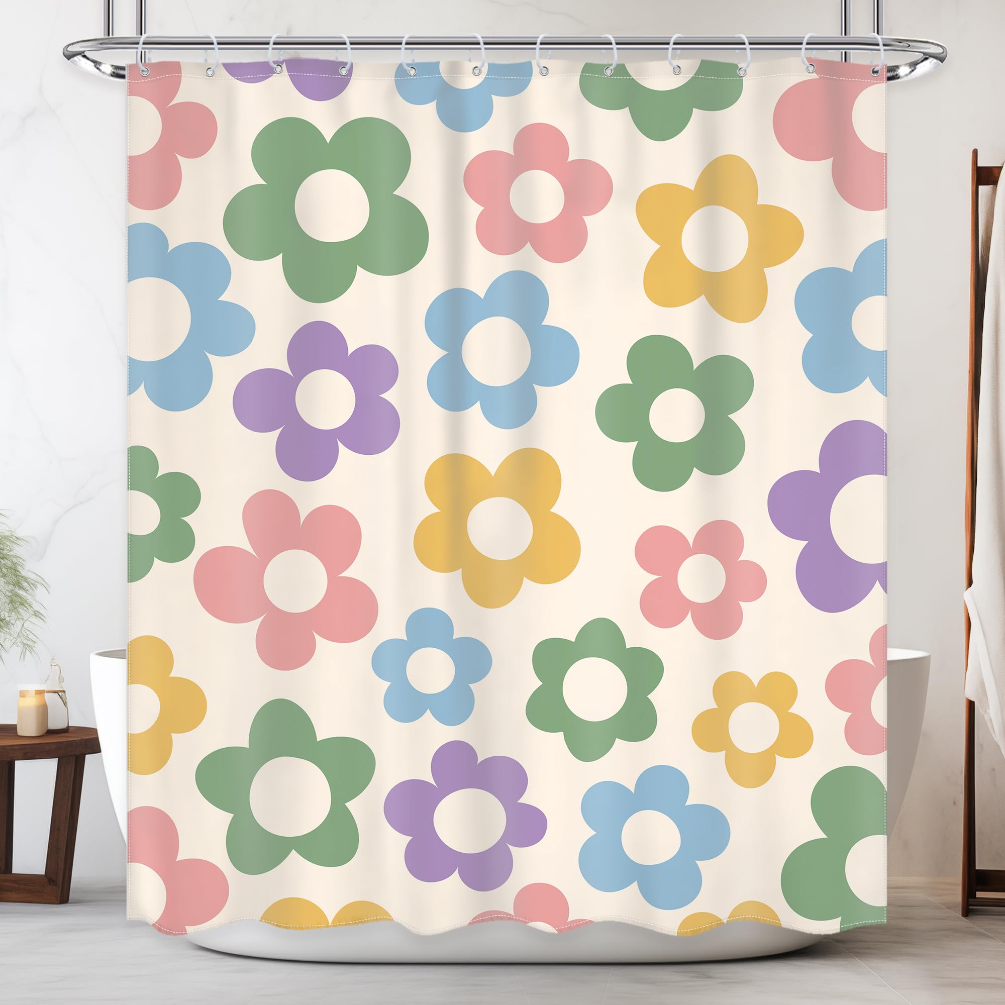 Newsely Cute Retro Flower Shower Curtain for Bathroom 72Wx72H Inch Danish Pastel Groovy Colorful Vintage Floral Lovely Shower Curtain Bathroom Set for