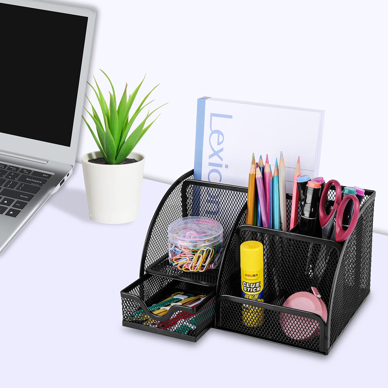 HOPECK Organizer Office Accessories, Multi-Functional Mesh Desk Organizer with 6 Compartments and 1 Drawer for Home, School, Workshop, kitchen (Black) 3