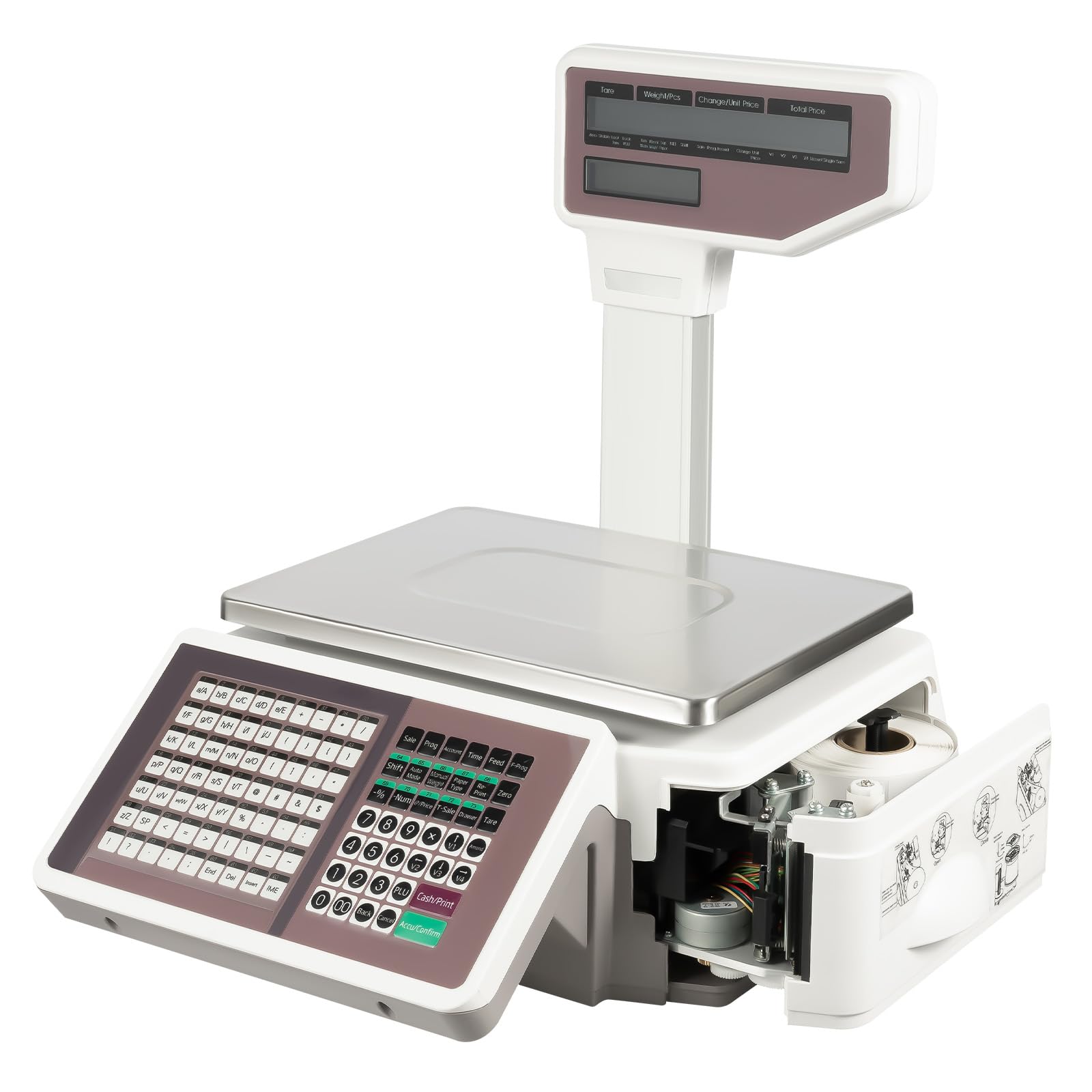 Commercial Cash Register Scale Electric Digital Price Computing Label Printing Scale with LCD Screen Weight Scale for Food Retail Store, 63 Shortcut Keys, Three Weighing Units(Kg/G/Lb), 5g Accuracy