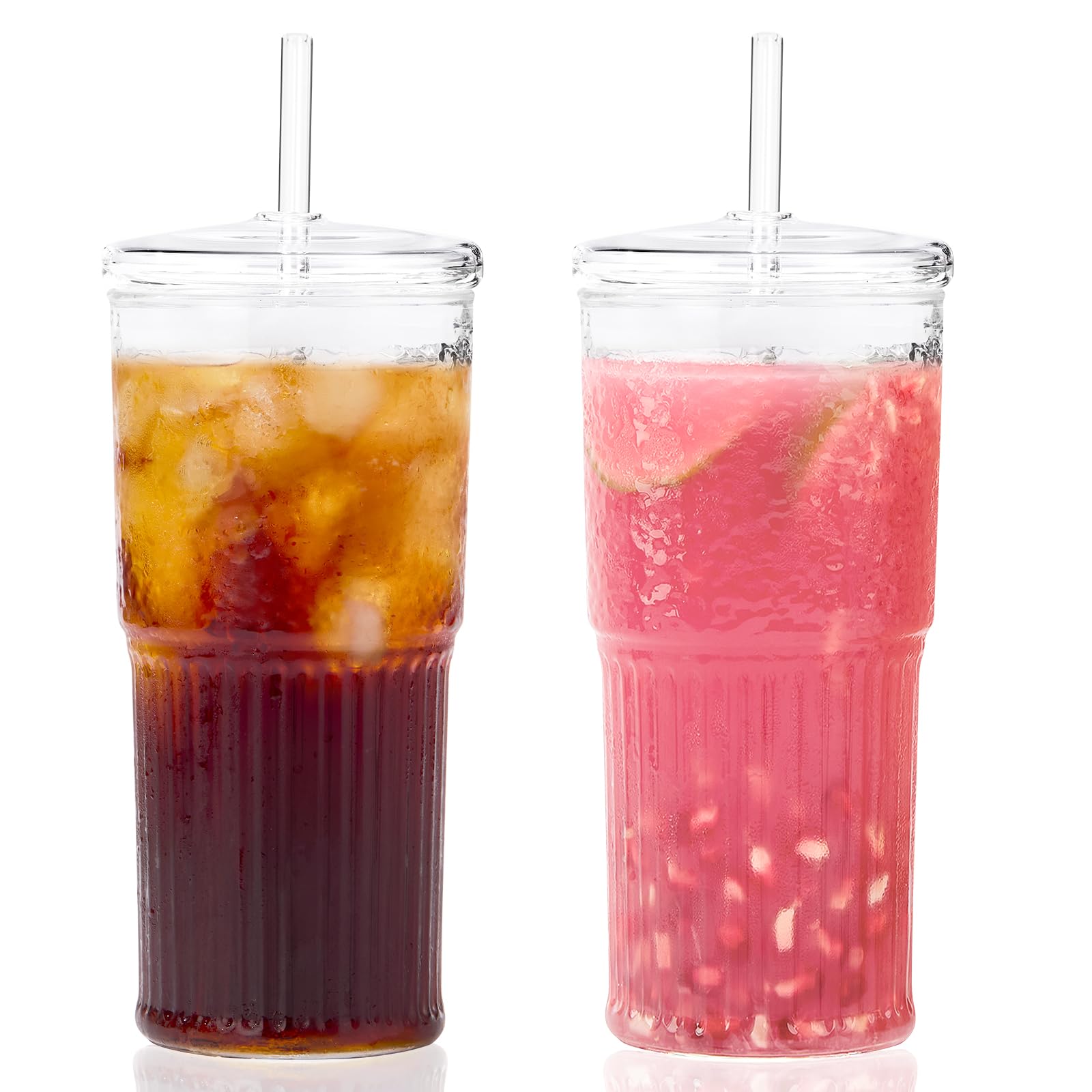 GOSCHE Vasos de vidrio con pajitas y tapas, 2 unidades, vasos de vidrio de 20 onzas, tazas de café helado transparentes, cristalería ondulada vintage para agua, café, té, transparente
