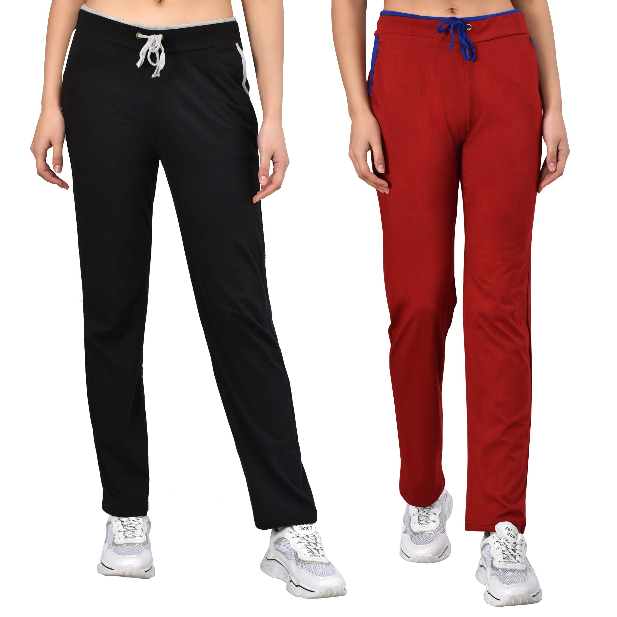 Women Plain Cotton Stylish Track Mid Rise Straight Pants For Daily Use |Track Pants Combo Pack Of 2 Size 34 Black::Grey-image-10