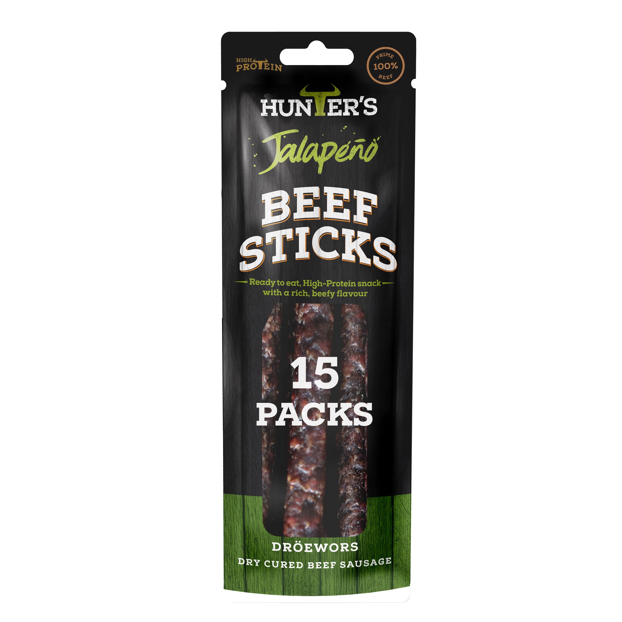 Hunters Droewors 15 x 40g of Jalapeno flavoured Droewors, High Protein, low carb, Thin sticks of authentic Beef Droewors, Gluten & MSG Free, Convenient Snack – Original Beef Sticks/Droewors