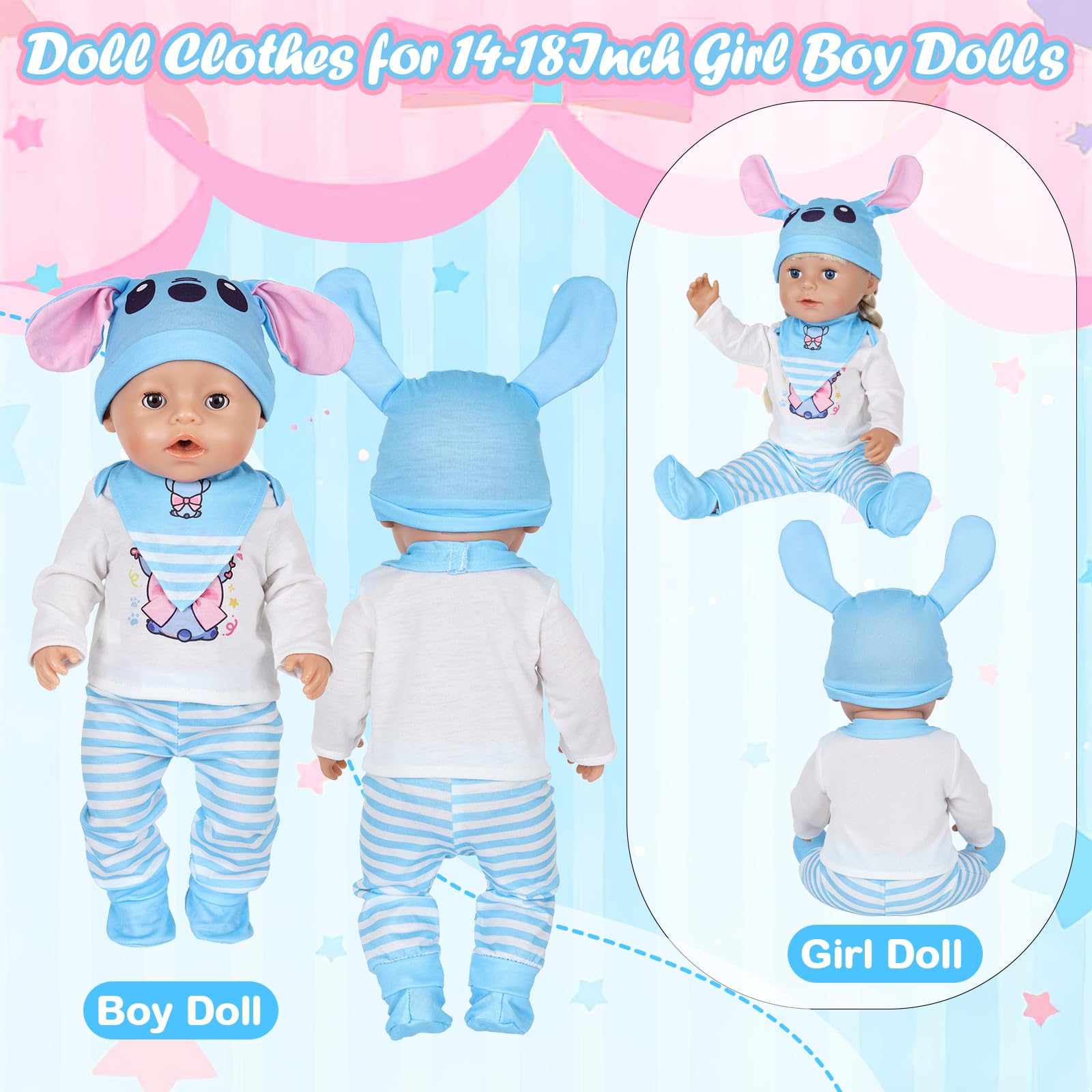 Doll Clothes for 14-18 Inch Baby Dolls, 35-45cm Baby Doll Outfits Clothes with Sweet Blue Top Trousers Hat Bib Socks Hangers - Image 4