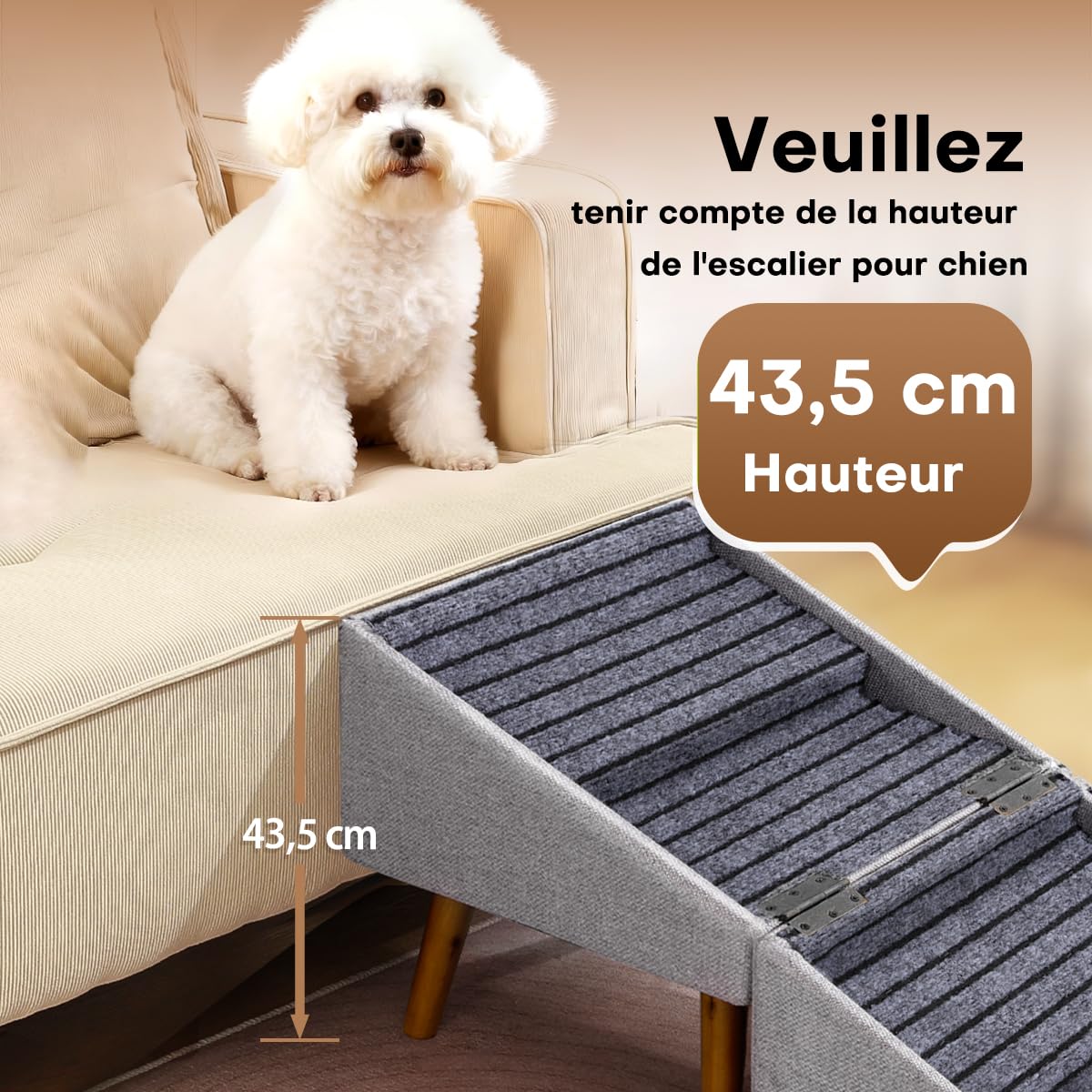 Escalier pour Chiens et Chats 2 en 1, 4 Marches Rampe et Marches pour Canapé Lit, Pente Douce Protège Articulations, Antidérapant(Gris Clair - 43,5 cm Haut)