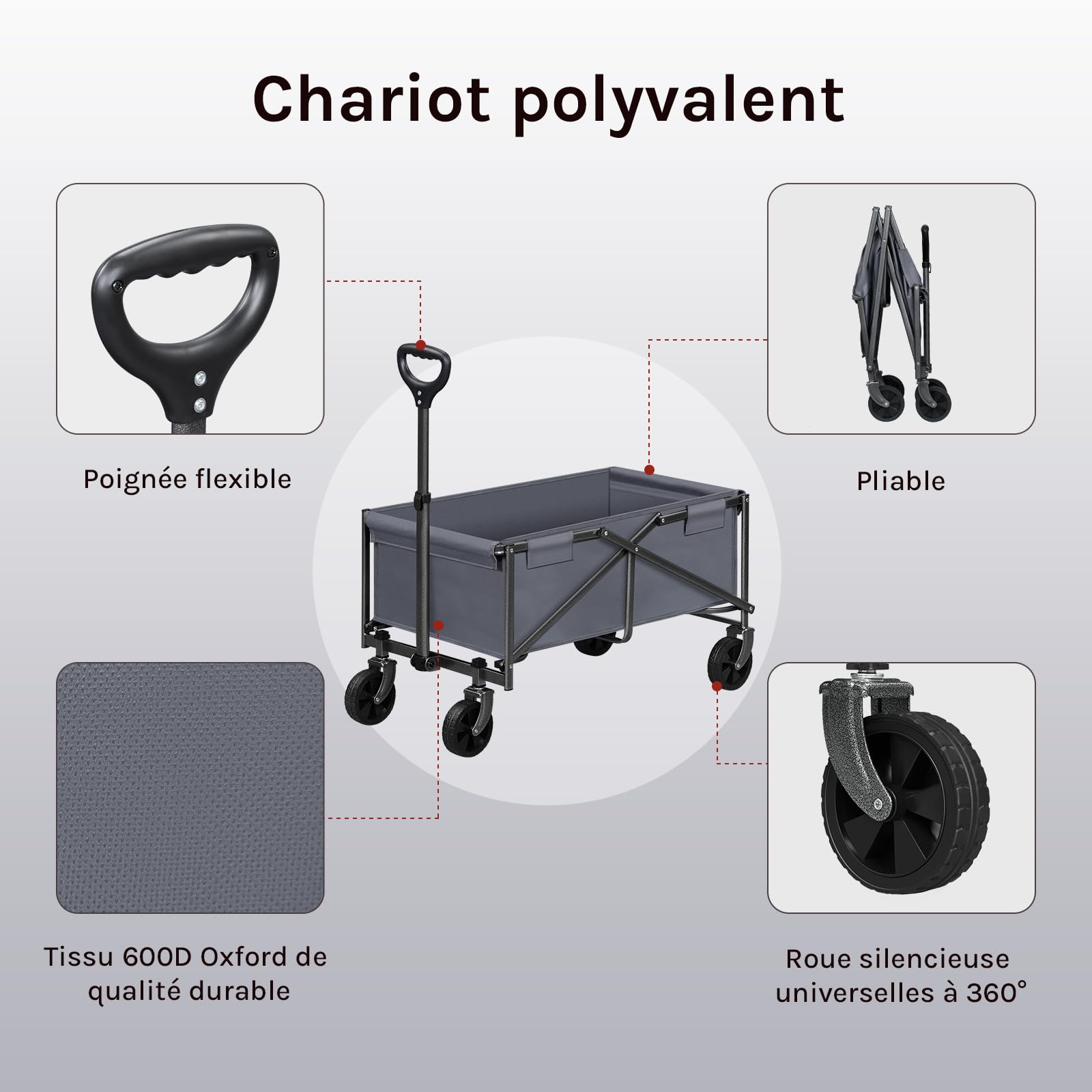 WOLTU Chariot à roulettes Pliable, Poignée Réglable, Gris