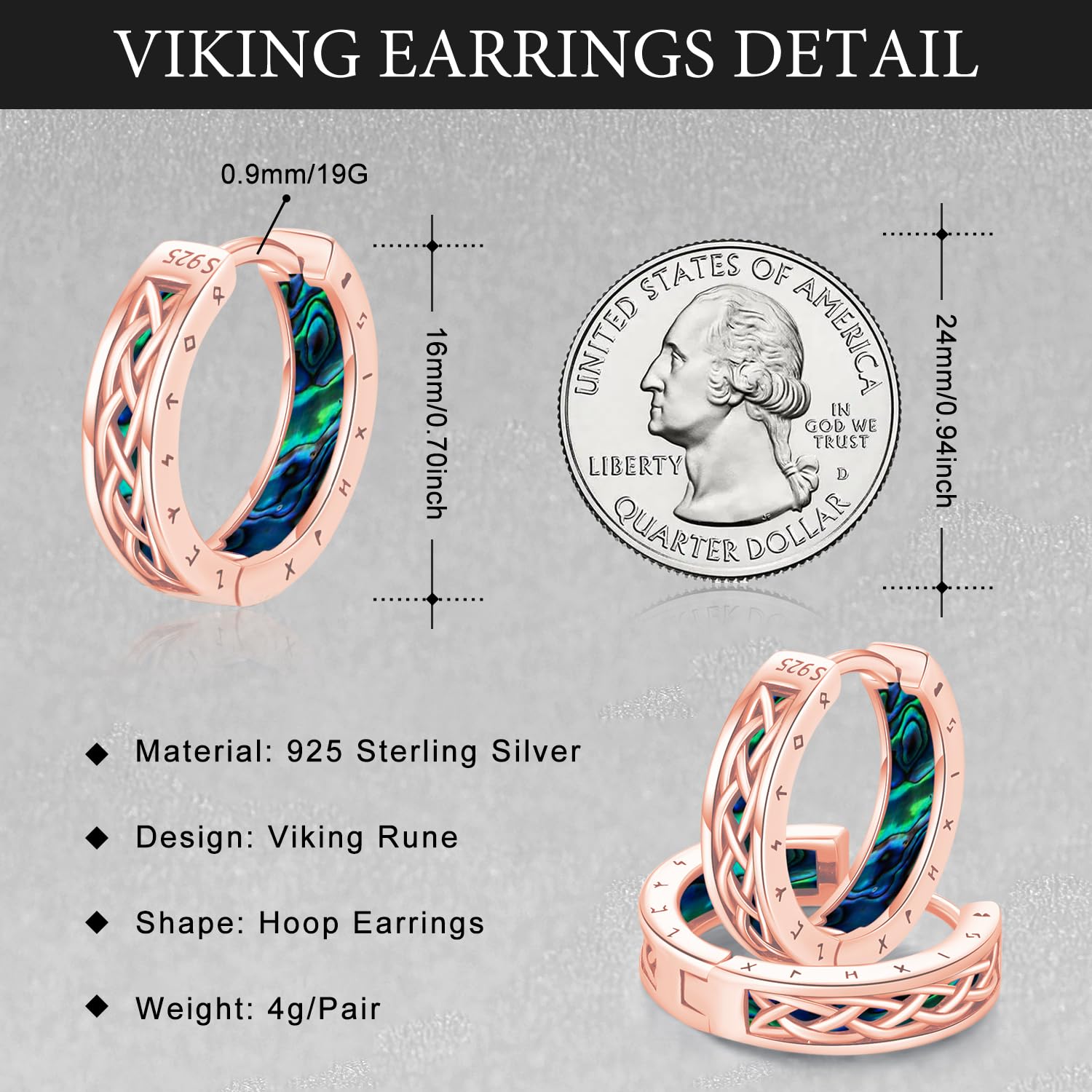 Orecchini vichinghi Orecchinis Nodo celtico in Argento sterling 925 e Orecchini oro rosa runa nordica, Cerchio Ipoallergenici Gioielli Regalo per Uomo e Donna