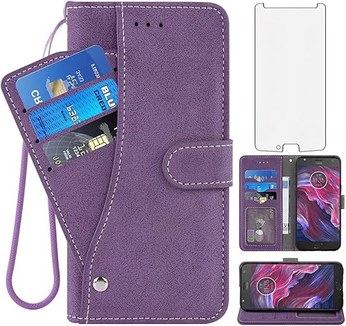 Asuwish Compatible con Motorola Moto X4 - Funda tipo cartera y protector de pantalla de vidrio templado, soporte para tarjeta de crédito, soporte