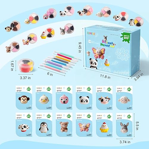 Miniatura 2 de CLYMENE Kit de arcilla seca al aire para niños, 12 animales de arcilla para modelar con herramientas y tutoriales, artes y manualidades, juguetes