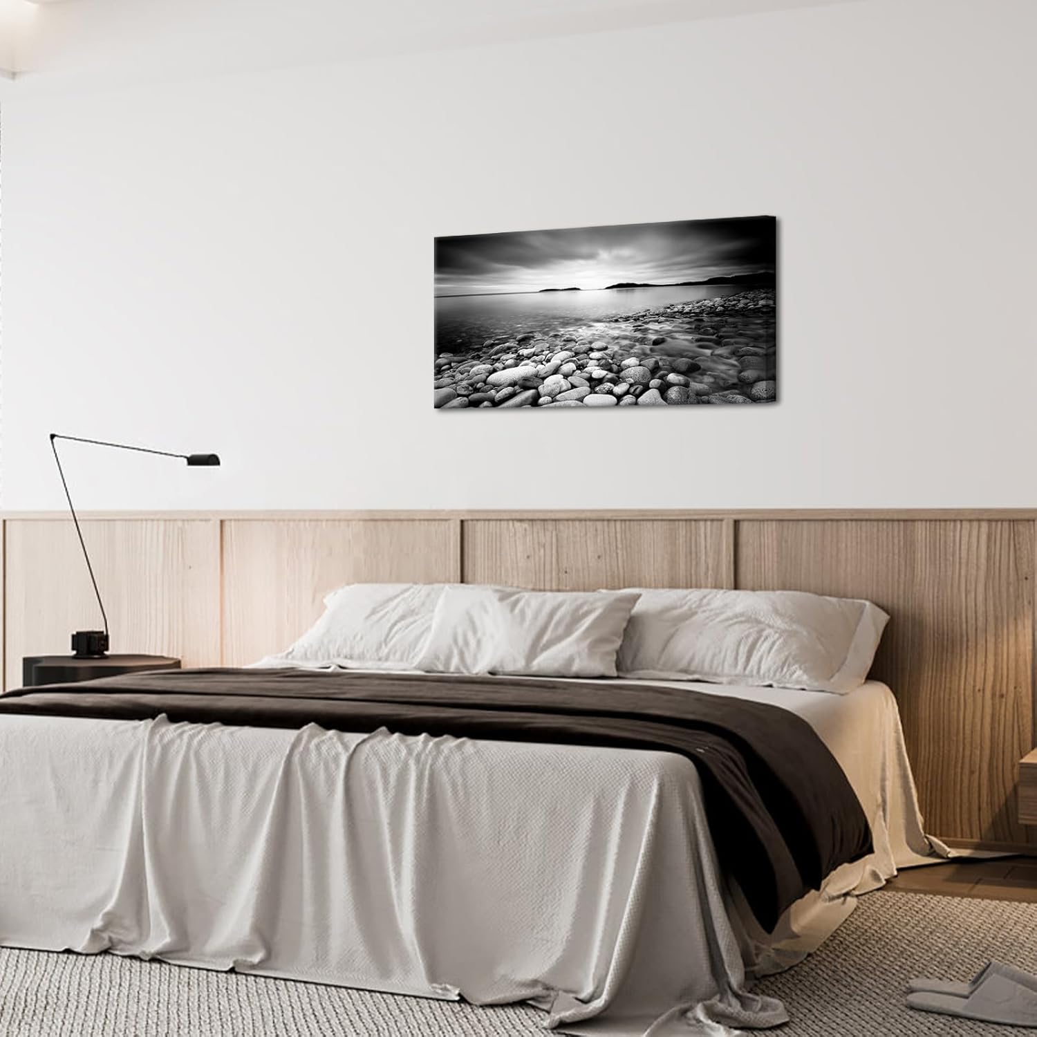 sechars Black and White Beach Canvas Wall Art Zen Rocks Stone Picture Paintings Prints Modern Zen Home Living Room Wall Decoration 20x40 Inch