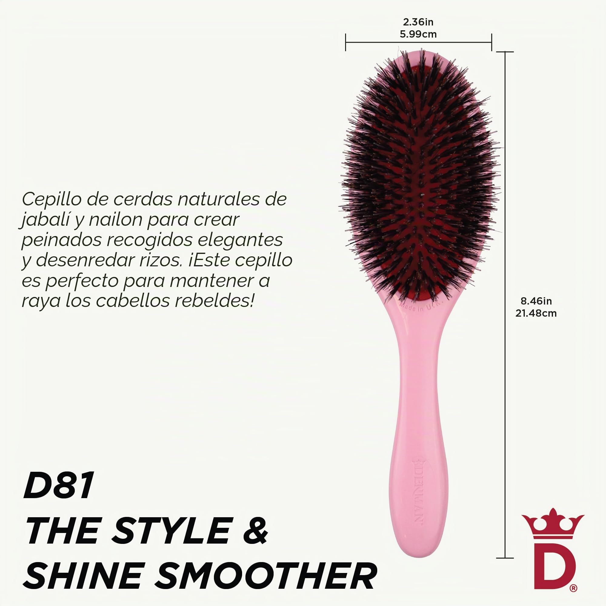 Denman Style & Shine Smoother Cepillo para el cabello (Mediano) con cerdas de púas de jabalí de nylon suave - Para alisar, desenredar, alisar – (Rosa Crush) D81M