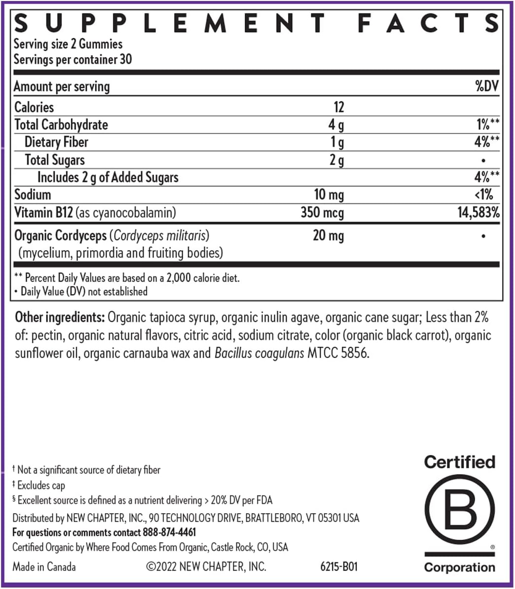 New Chapter® Organic Vitamin B12+ Gummies – 47% Less Sugar§, USDA Organic Vegan B12, Two Daily Gummies for Cellular Energy Support with Cordyceps, Non-GMO, Gluten Free, Raspberry Flavored, 60ct - Image 6