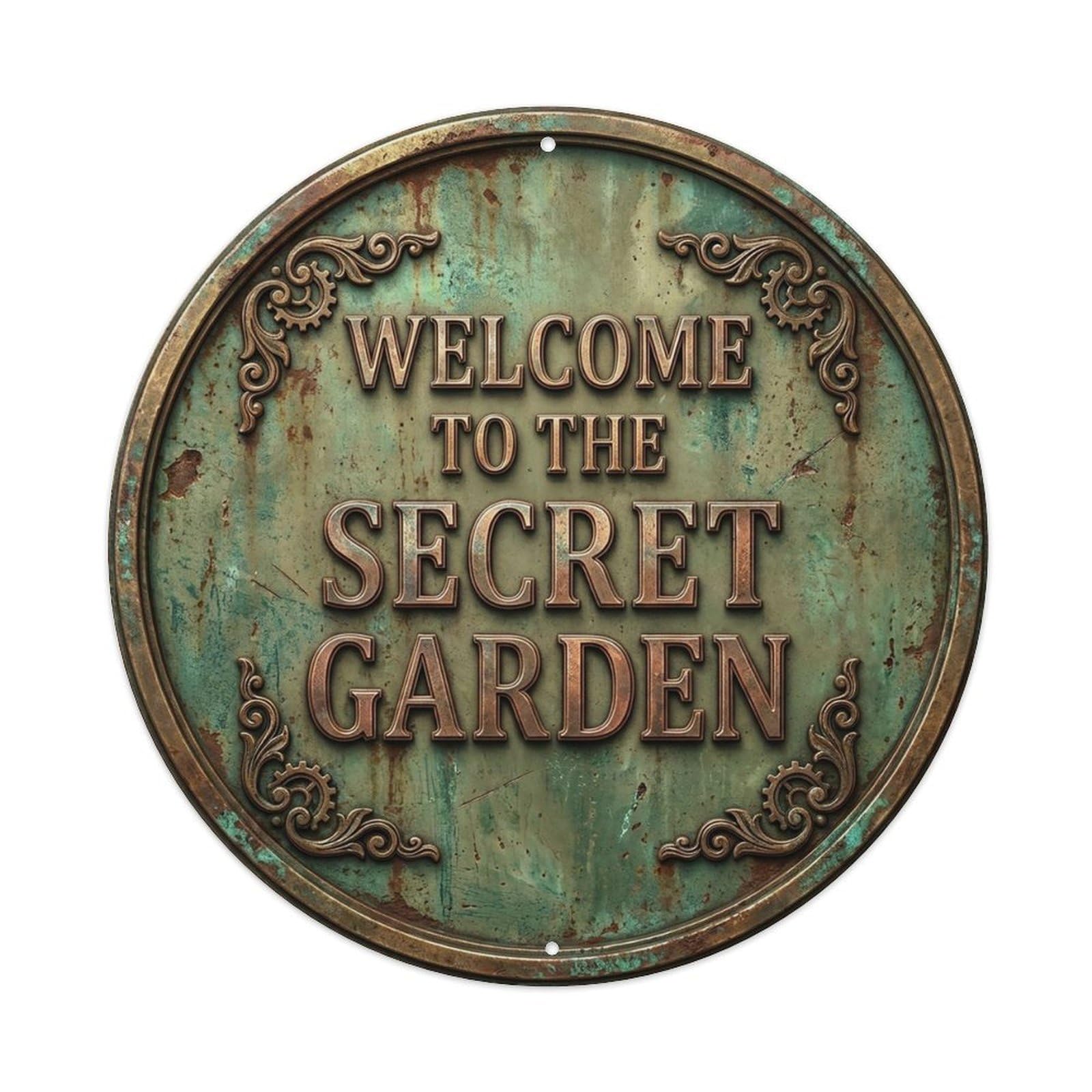 Vintage Welcome Secret Garden Bronze Khaki Cottage Metal Tin Sign