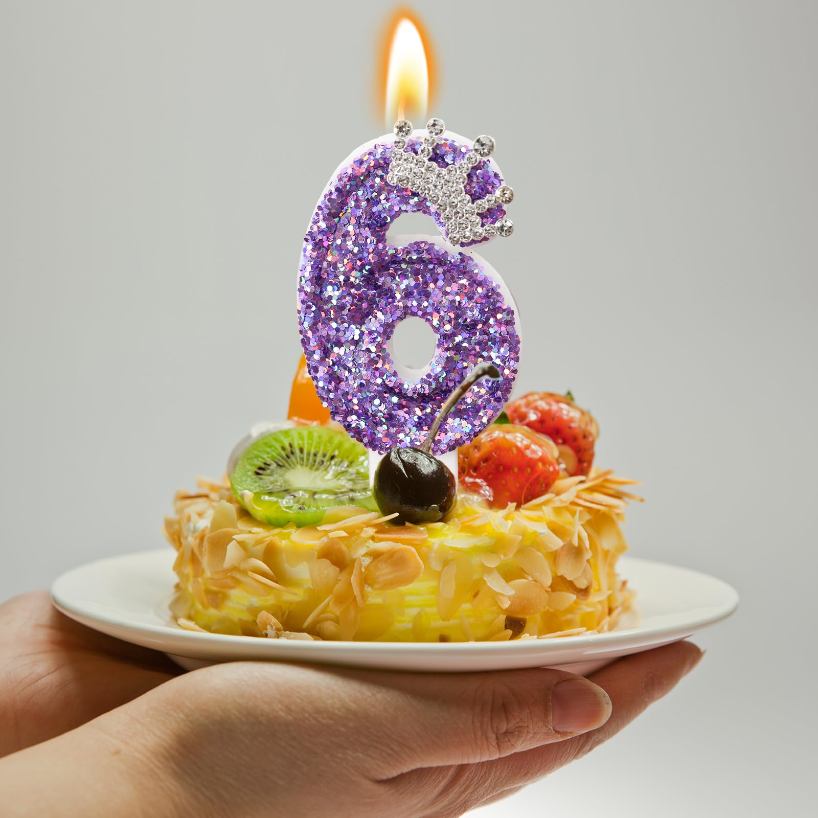 Bougies d'anniversaire en forme de chiffre 6 avec paillettes pour décoration de gâteau, couronne violette (chiffre 6)