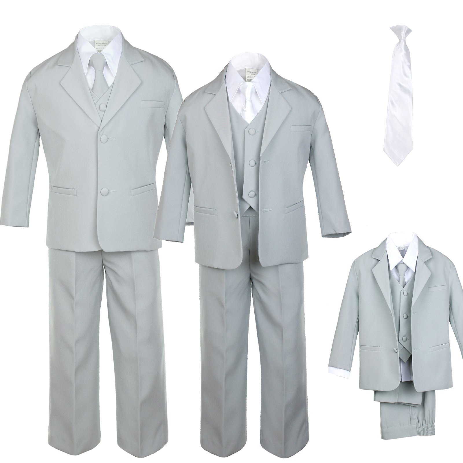 6pc Boy Gray Vest Formal Tuxedo Suits with Satin White Necktie Baby to Teen (SIZE: 16)