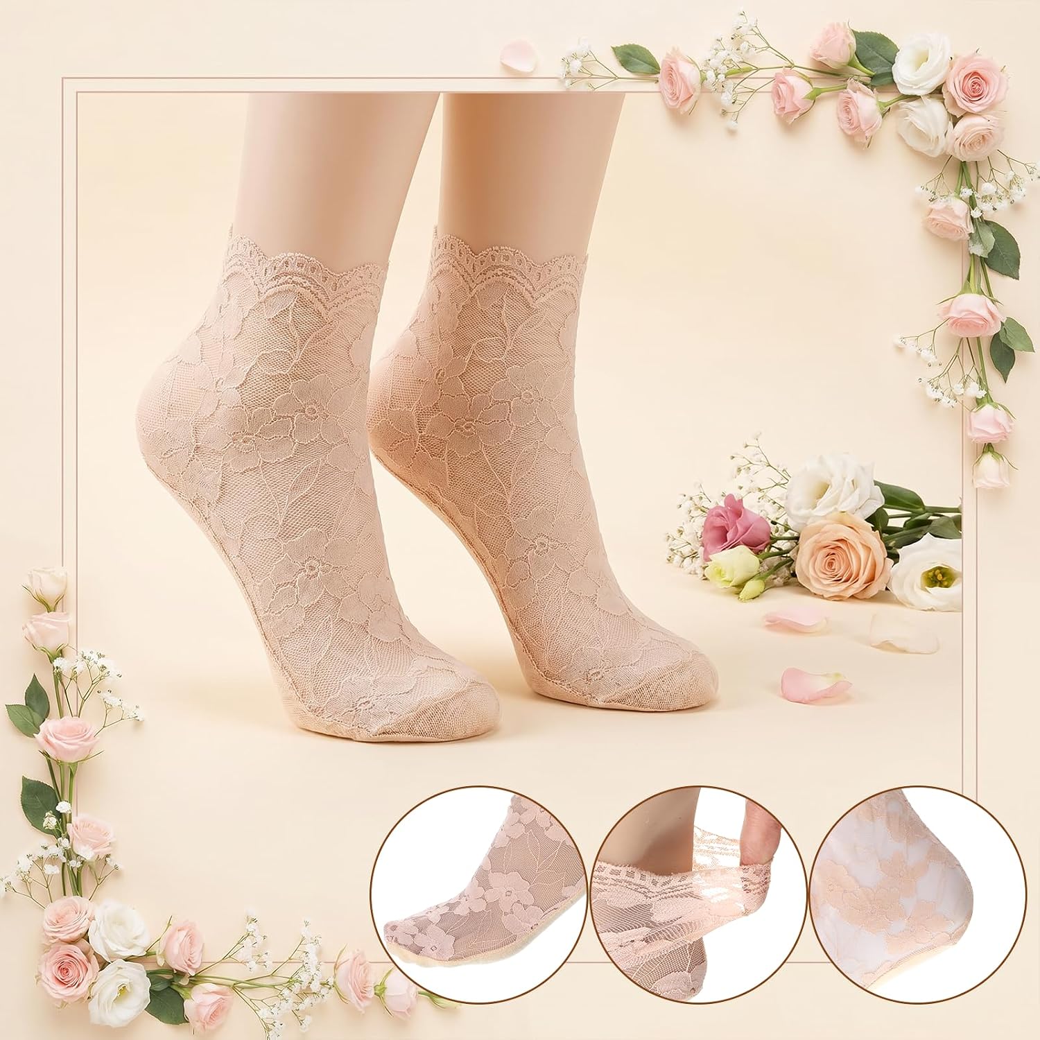 8 Pairs Lace Socks Women, Lace Ankle Sock, Floral Mesh Transparent Sheer Socks, Breathable Lightweight Summer Sock for Women, Soft Color