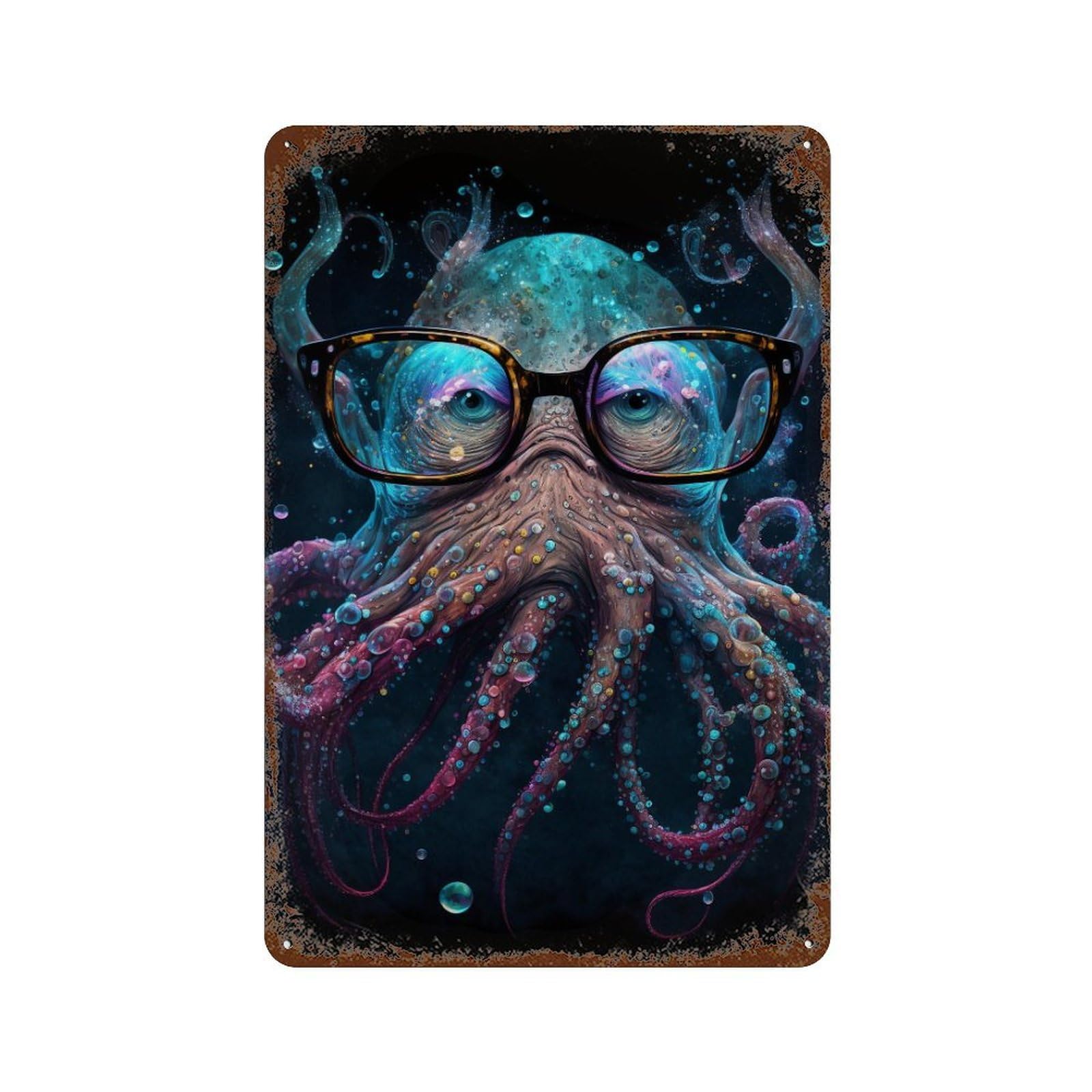 Garage Style Octopus with Glasses Art Print Distressed Metal Wall Sign 11.8"x7.9", Farmhouse Wall Decor for Bar And Workshop