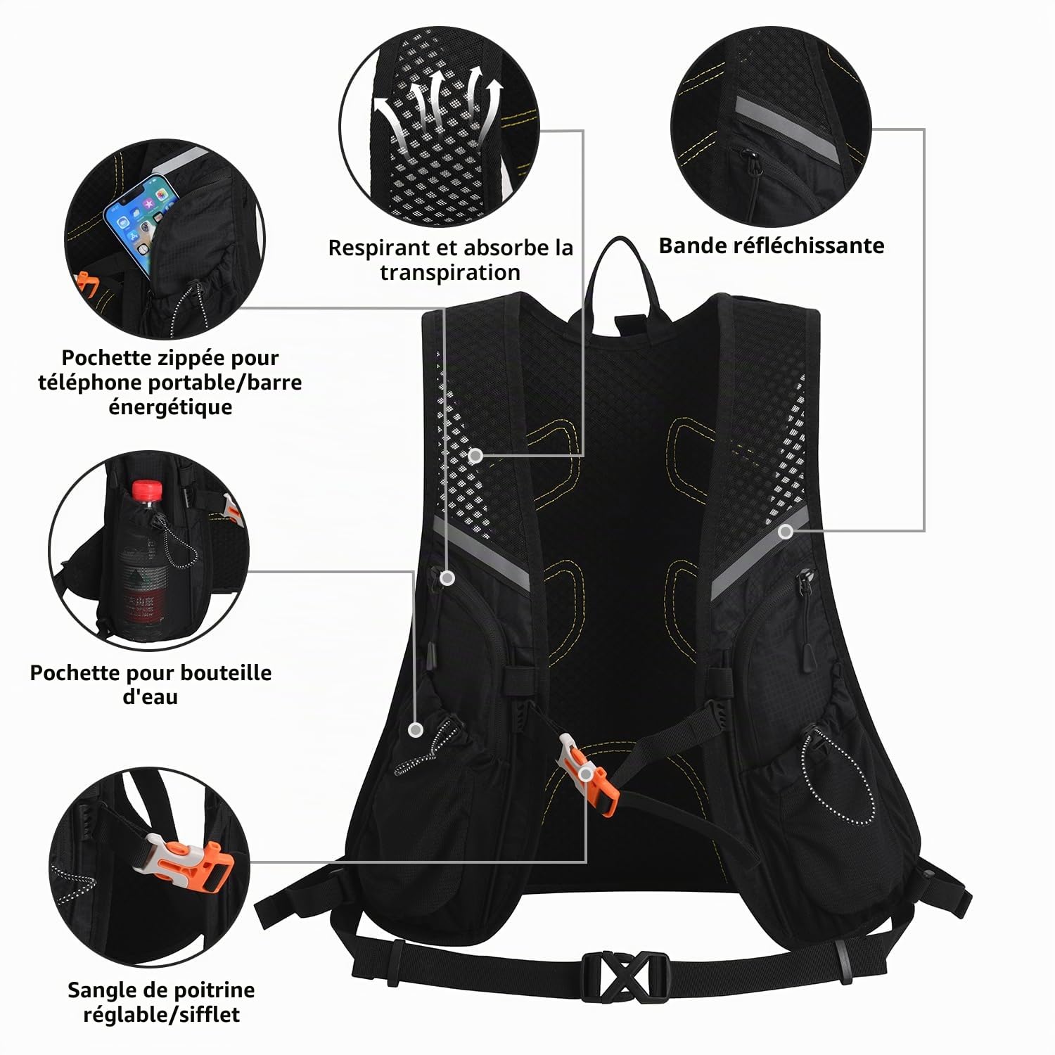 Sac à dos avec poche d'hydratation 2L sans BPA | Sac à dos de course ultraléger | Sac à dos de vélo pour le ski, la course à pied, la randonnée et le vélo, réglable | Sac à dos avec système d'hydratation | Femmes Hommes