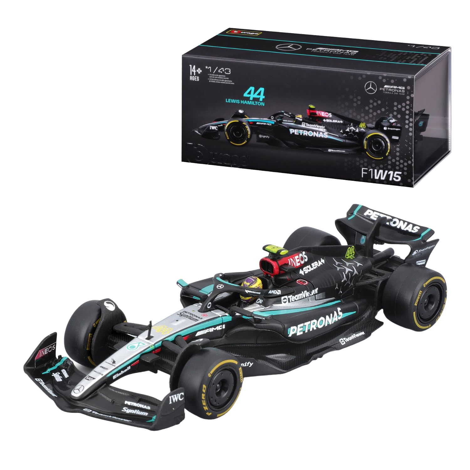 Bburago Formula 1 Mercedes-AMG Petronas F1 W15 Team (2024): 1:43 Scale Model Car with Driver #44 Lewis Hamilton, Hard Case, 12.5 cm, Black Silver (18-38209H)