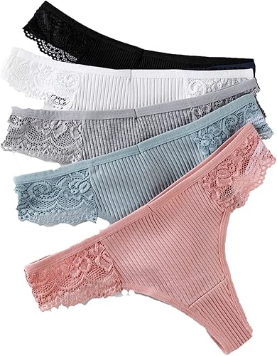 Justgoo Ropa interior sexy de algodón para mujer, tangas de encaje, de tiro bajo, paquete de 5