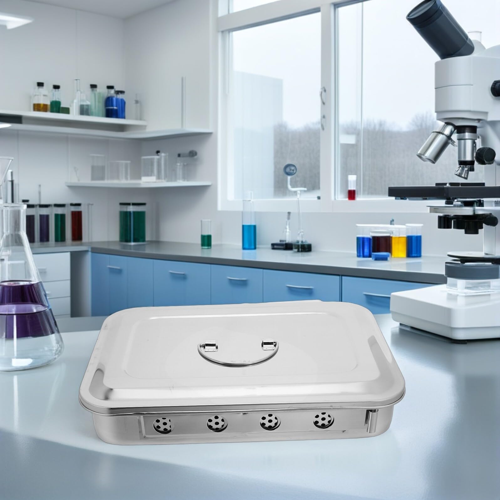 Vassoio in Acciaio Inox 30X20 CM con Coperchio e Maniglia Scatola Multiuso per Strumenti Dentali e da Laboratorio Contenitore Portaoggetti per Studi Medici e Odontoiatrici