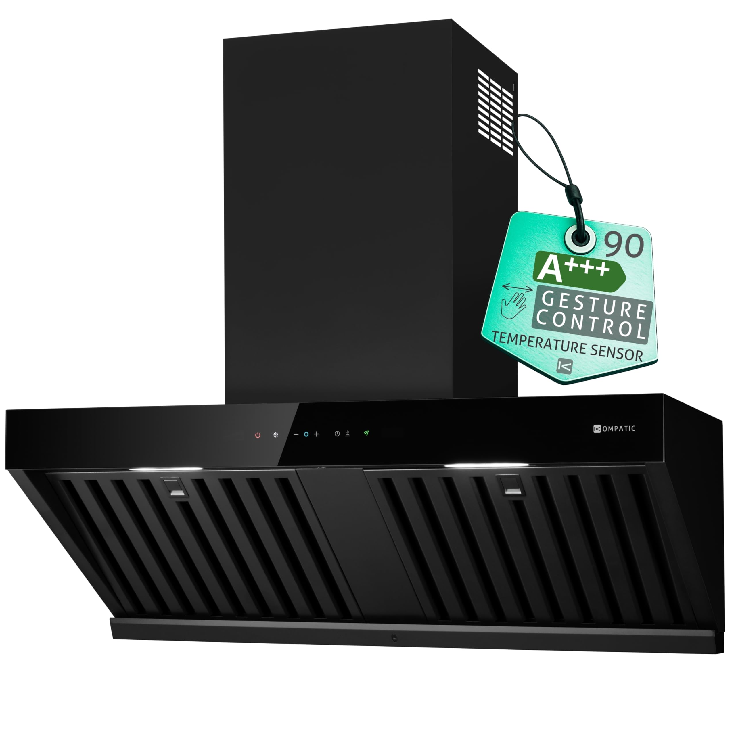 Campana extractora mural Kompatic Kori 90 KPKR90WB, 90 cm, 800 m³/h, clase A+++, control táctil y gestual, mando a distancia, Boost/Super Boost, negro mate.