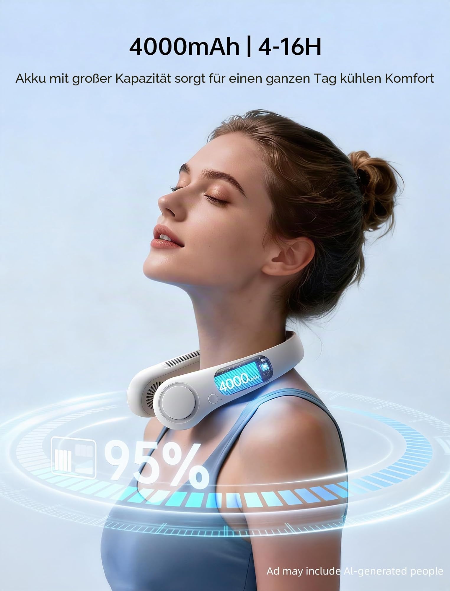 JISULIFE Tragbarer Nackenventilator, Hals-Ventilator ohne Flügel, 5 Geschwindigkeiten, 4000 mAh Batteriebetriebener tragbarer persönlicher Ventilator, Geschenk für Frauen und Männer - Grau