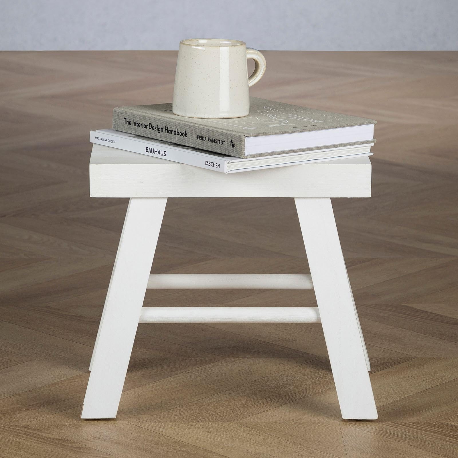 CARO-Möbel Taburete Rosal blanco - Taburete de madera rectangular con 4 patas y travesaños, decorativo para plantas o reposapiés