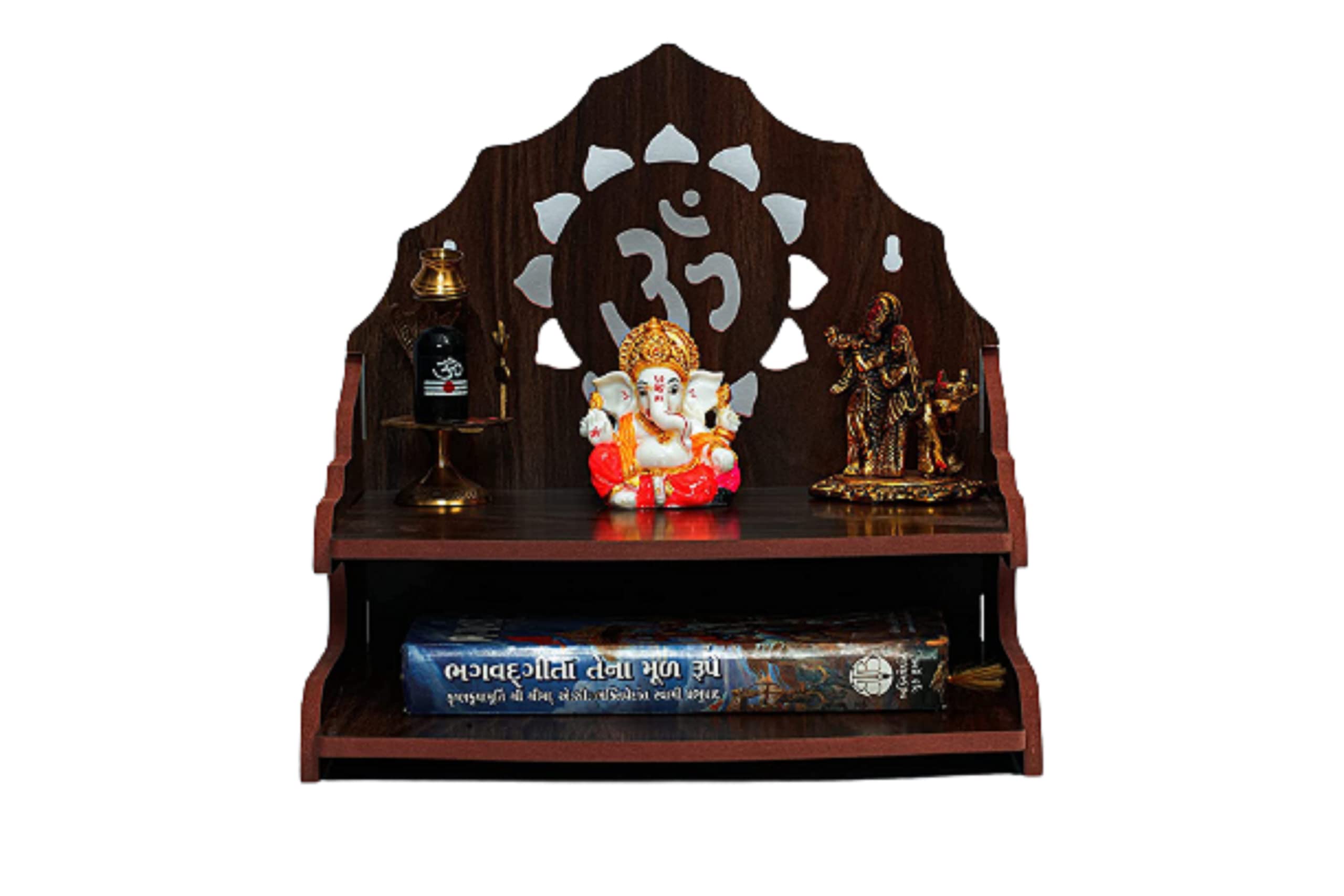 Temple en bois marron Devyom : petit mandir mural de 28x26 cm pour maison