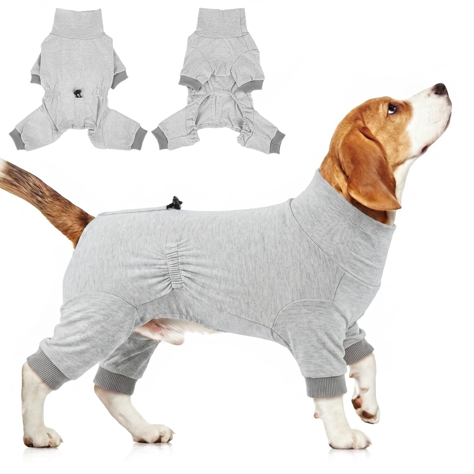 Lightweight Dog Onesie Pyjamas for Small Medium Dogs, Soft Stretch 4 Leg Dog Outfit for Indoor Comfort, Sleeping, Light Warmth & Layering, Anti Shedding Clothes, Heather Grey 3XL