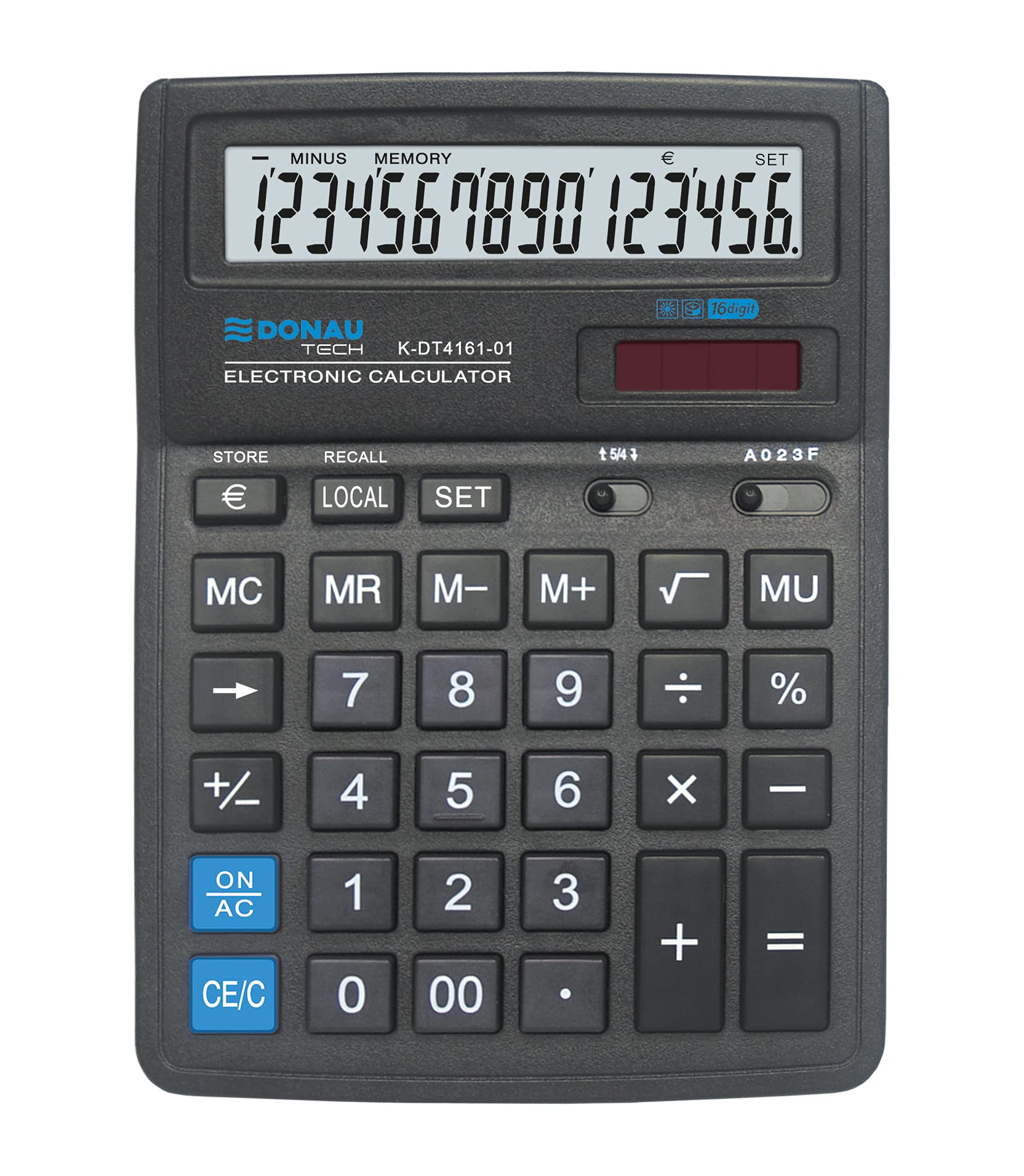 DONAU TECH/K-DT4161-01 Desktop Calculator 16-Digit Root Function 199 x 153 x 31 mm Colour: Black Calculator with 16-Digit Display Dual Power Solar Battery Operated Compact Design