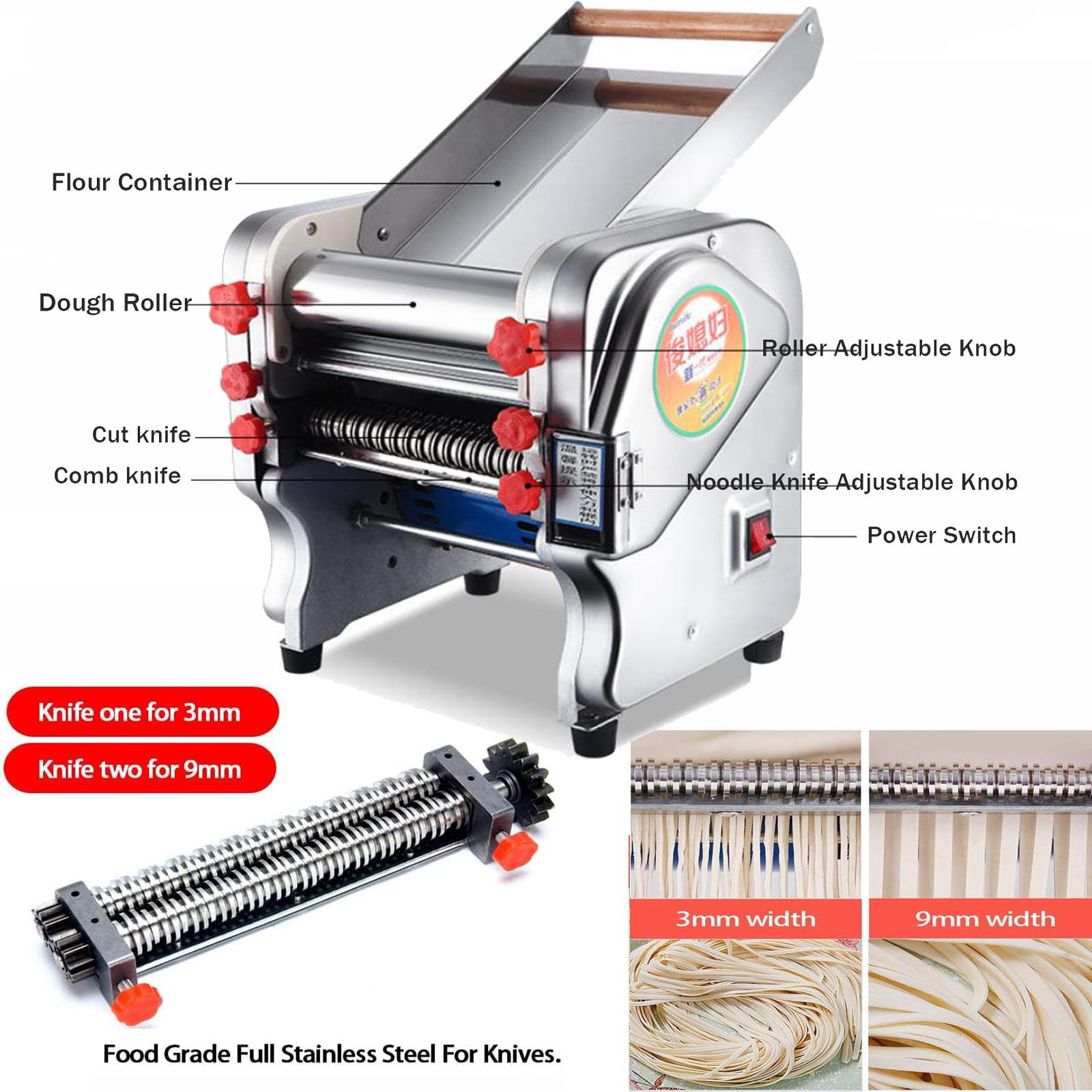Macchina per Pasta Elettrica Commerciale,Rullo Pressa Pasta in Acciaio Inox,Macchina per Pasta Automatica da 550 W/750 W per Uso Domestico/Commerciale (Lama da 3 Mm/9 Mm) Doughwidth20cm
