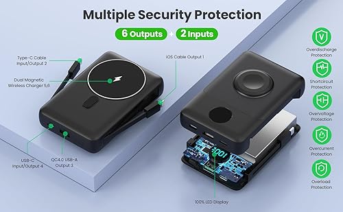 Miniatura 7 de Cargador portátil magnético para MagSafe con cable integrado, cargador iWatch, banco de energía inalámbrico de 10800 mAh, artículos esenciales de