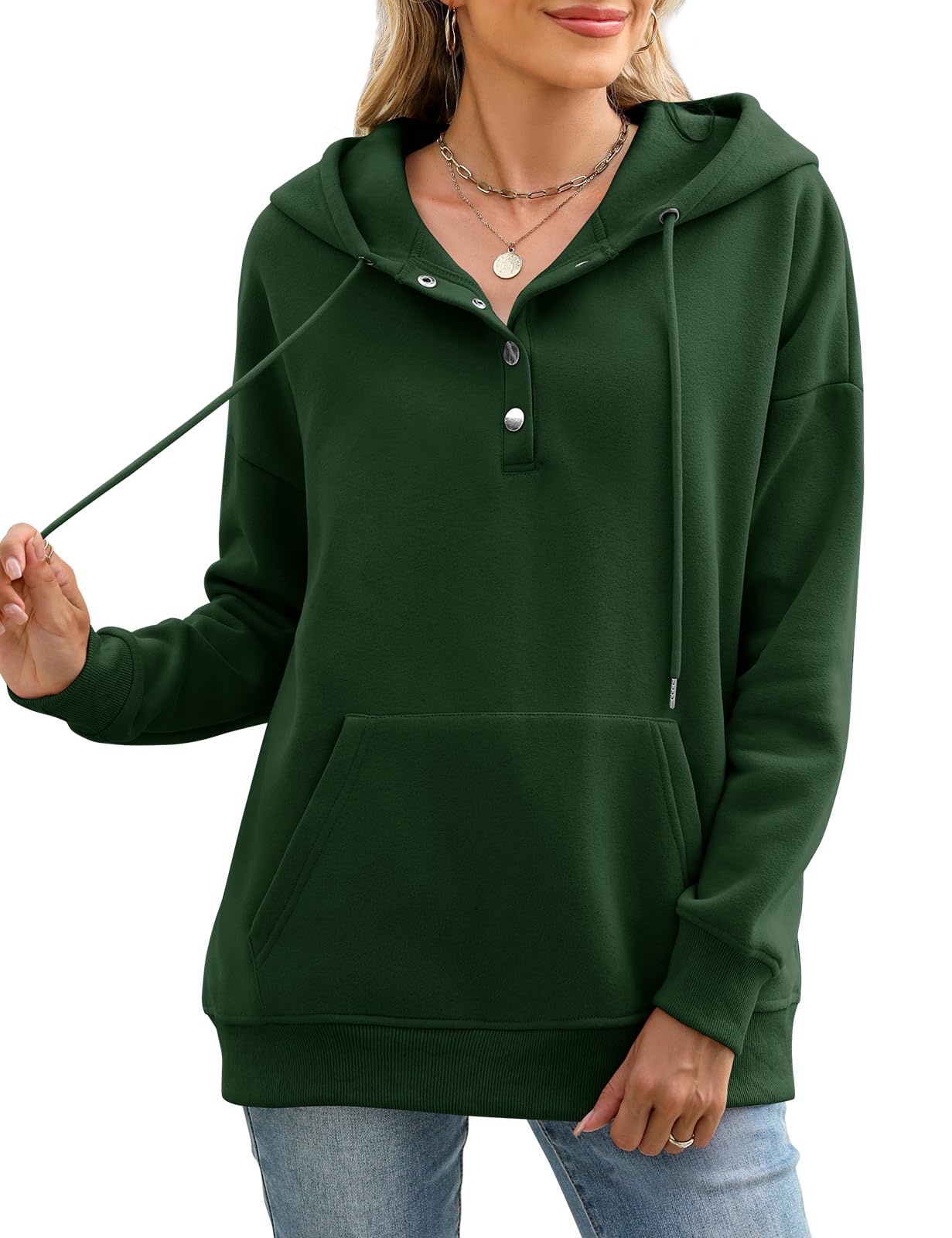 Xnova Sweats à Capuche Polaire Femmes Chaud Décontracté | Boutonné Hoodie Basic Casual Sweatshirts Pullover Tops avec Poche, Cordon de Serrage Manches Longues Automne Hiver