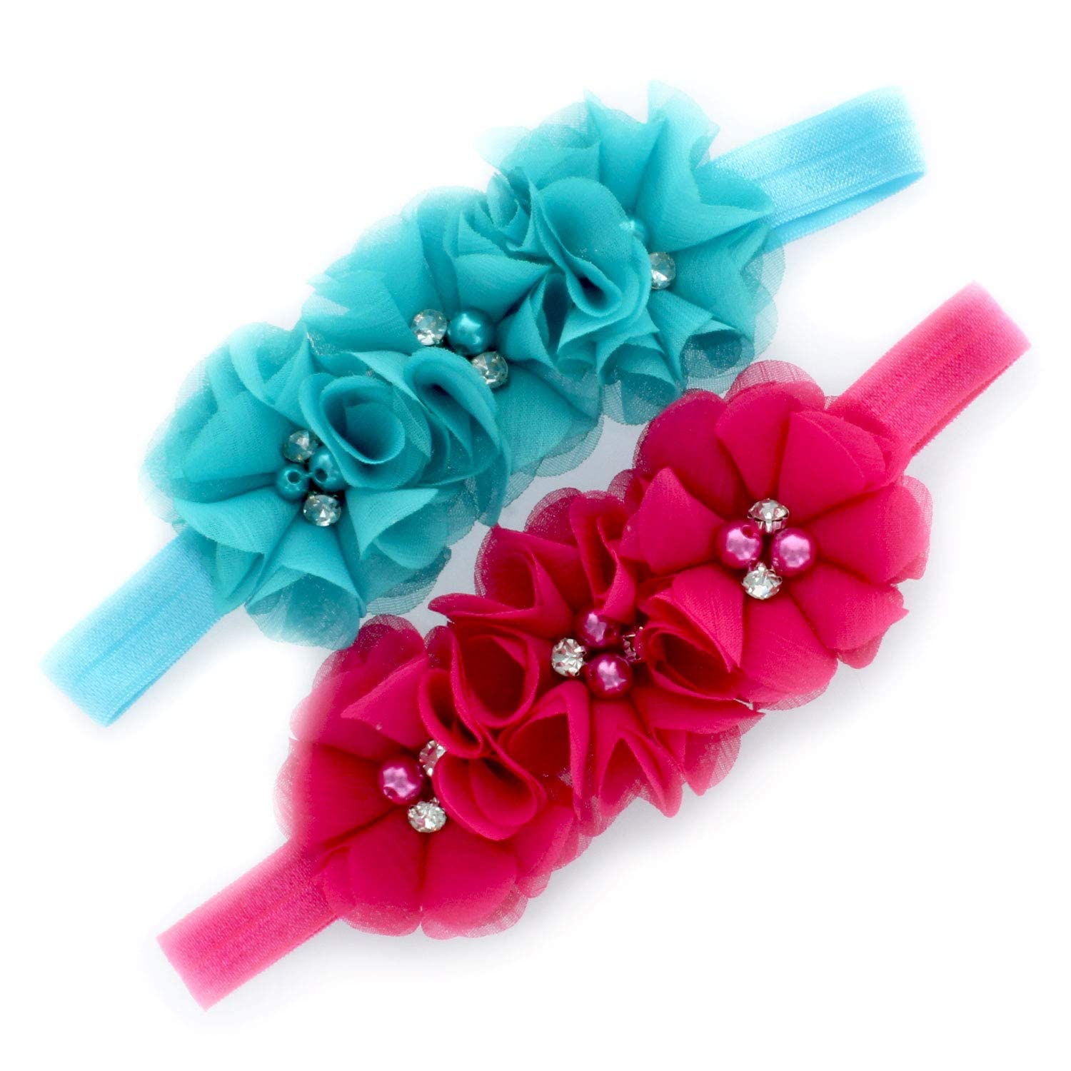 My LelloBaby Flower Headbands Fabric Beaded Trio Stretchy Elastic Pair (Fuchsia/Turquoise)