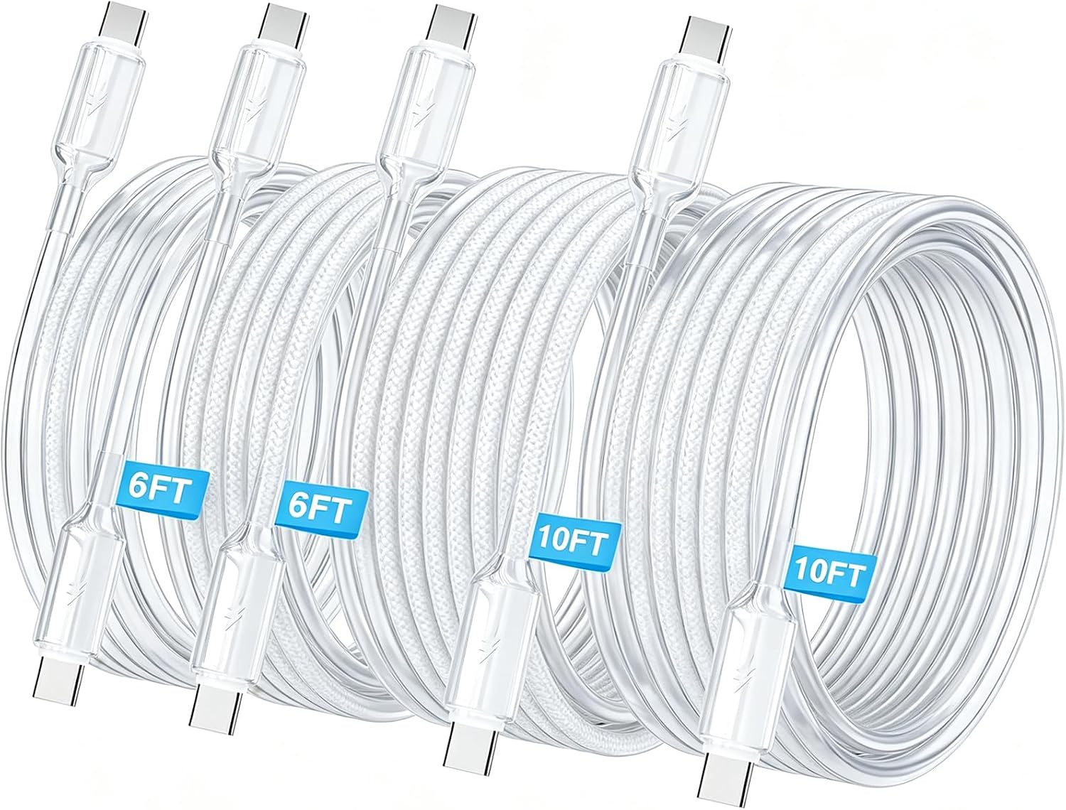 USB C to USB C Cable, PD 60W Fast Charging Cord (4Pack, 6/6/10/10ft, White)
