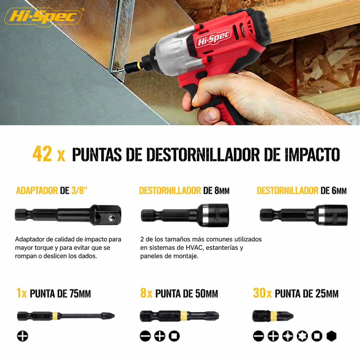 Hi-Spec Juego de Puntas de Impacto para Taladro Destornillador de 44 Piezas. Brocas para Herramientas Eléctrica con Cuerpo Hex con Maletin de Almacenamiento