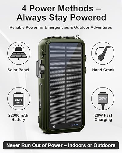 Miniatura 6 de Radio de emergencia y banco de energía solar de 22000 mAh, Radio meteorológica FM NOAA, Radio portátil con manivela Bluetooth, cargador de teléfono