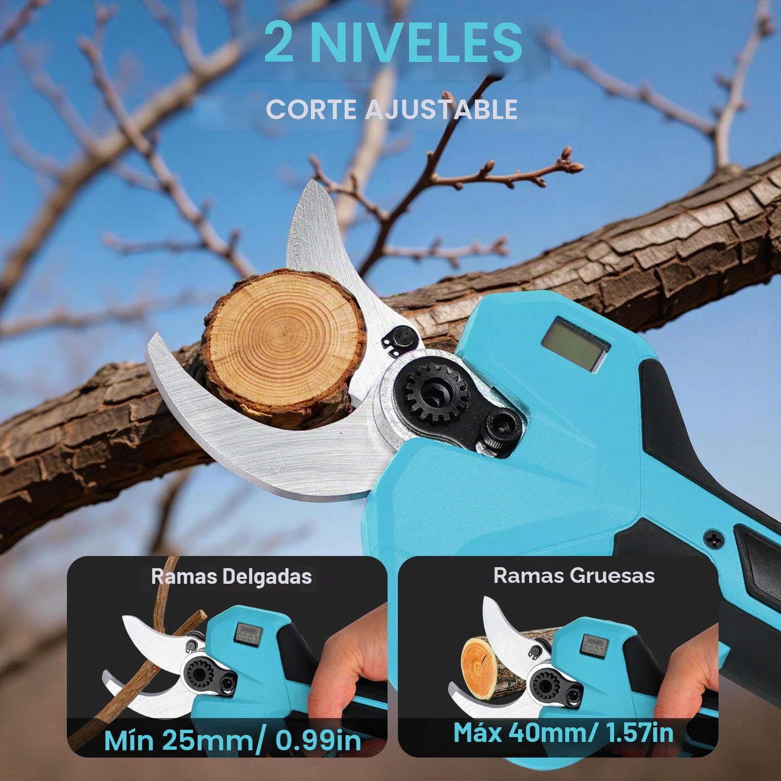 Tijeras de Podar Electricas 50mm a Batería, Tijeras de Podar Bateria Con pantalla 2 baterías de 2000mAh 2 cuchillas SK5 2 Tamaños de Apertura (25/50mm) Para Huertos Jardines y Granjas Azul