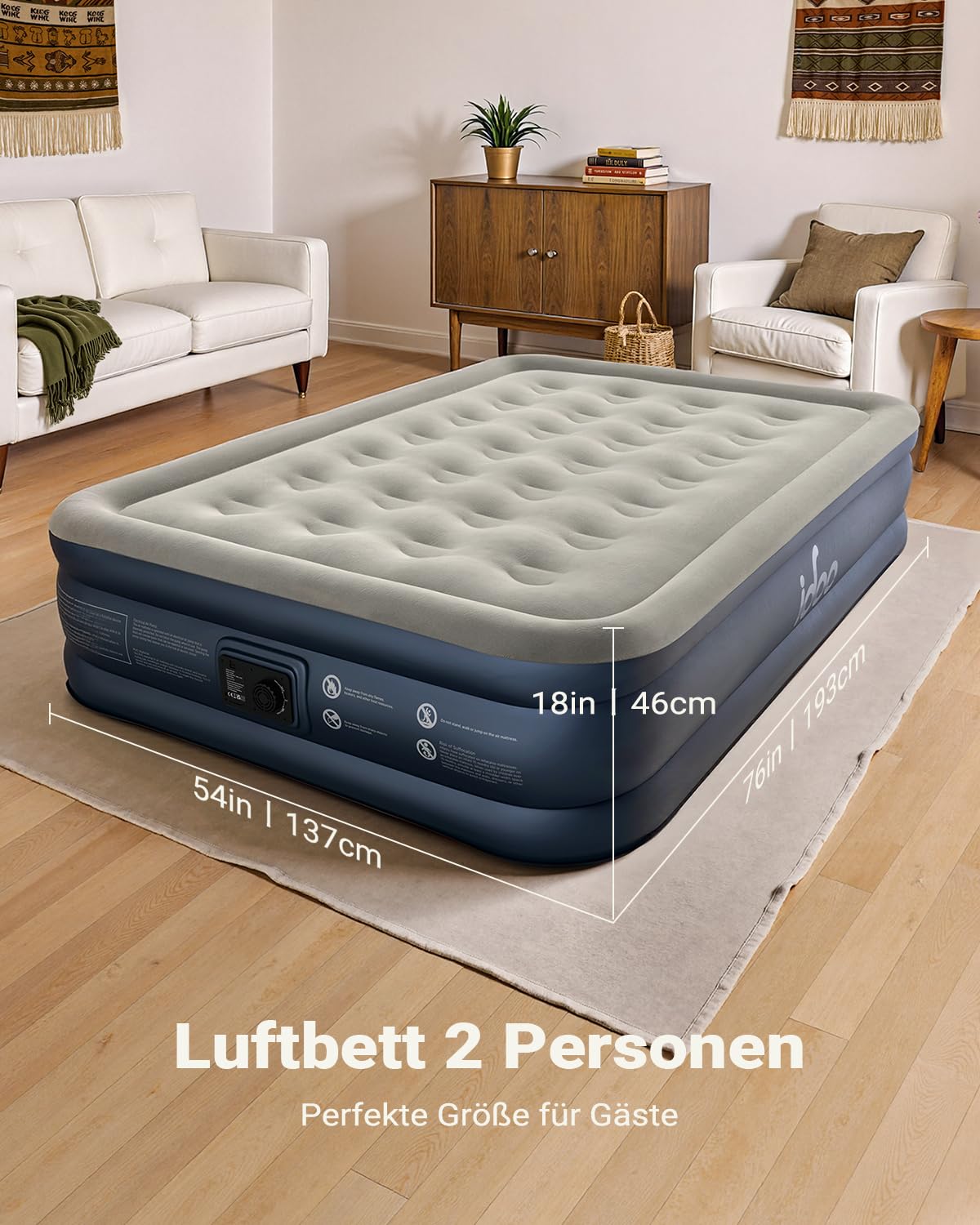 iDOO Komfortable Luftbett 2 Personen, Schnell Aufblasbar in 3 Minuten | Luftmatratze mit integrierter Pumpe, Flockgewebe, Durchstoßfest Material, Gästebett für Zuhause & Camping - 137x190x46cm
